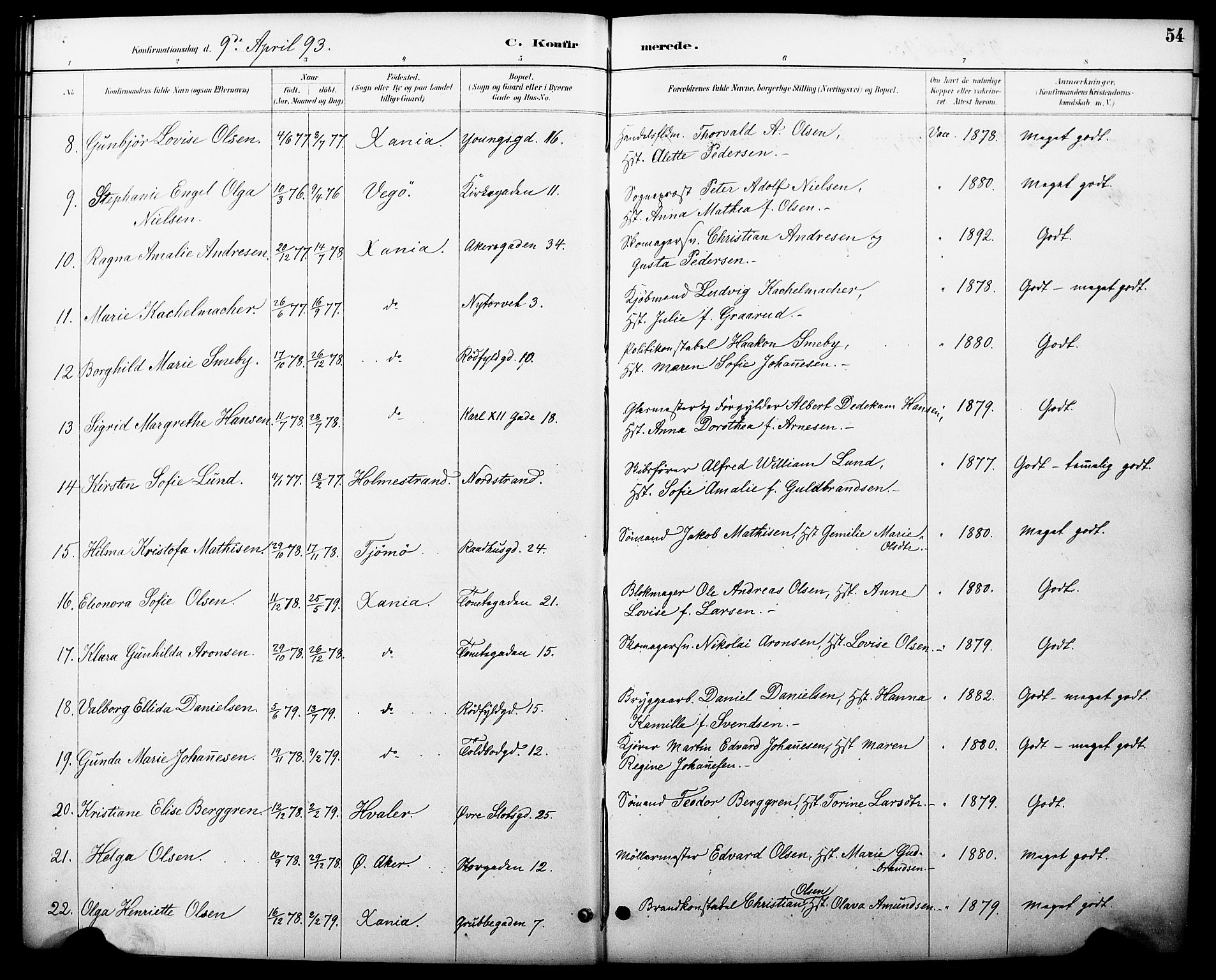 Oslo domkirke Kirkebøker, AV/SAO-A-10752/F/Fa/L0030: Parish register (official) no. 30, 1887-1918, p. 54