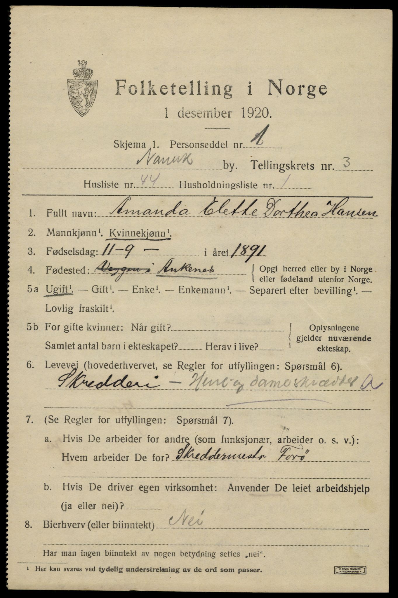 SAT, 1920 census for Narvik, 1920, p. 12622