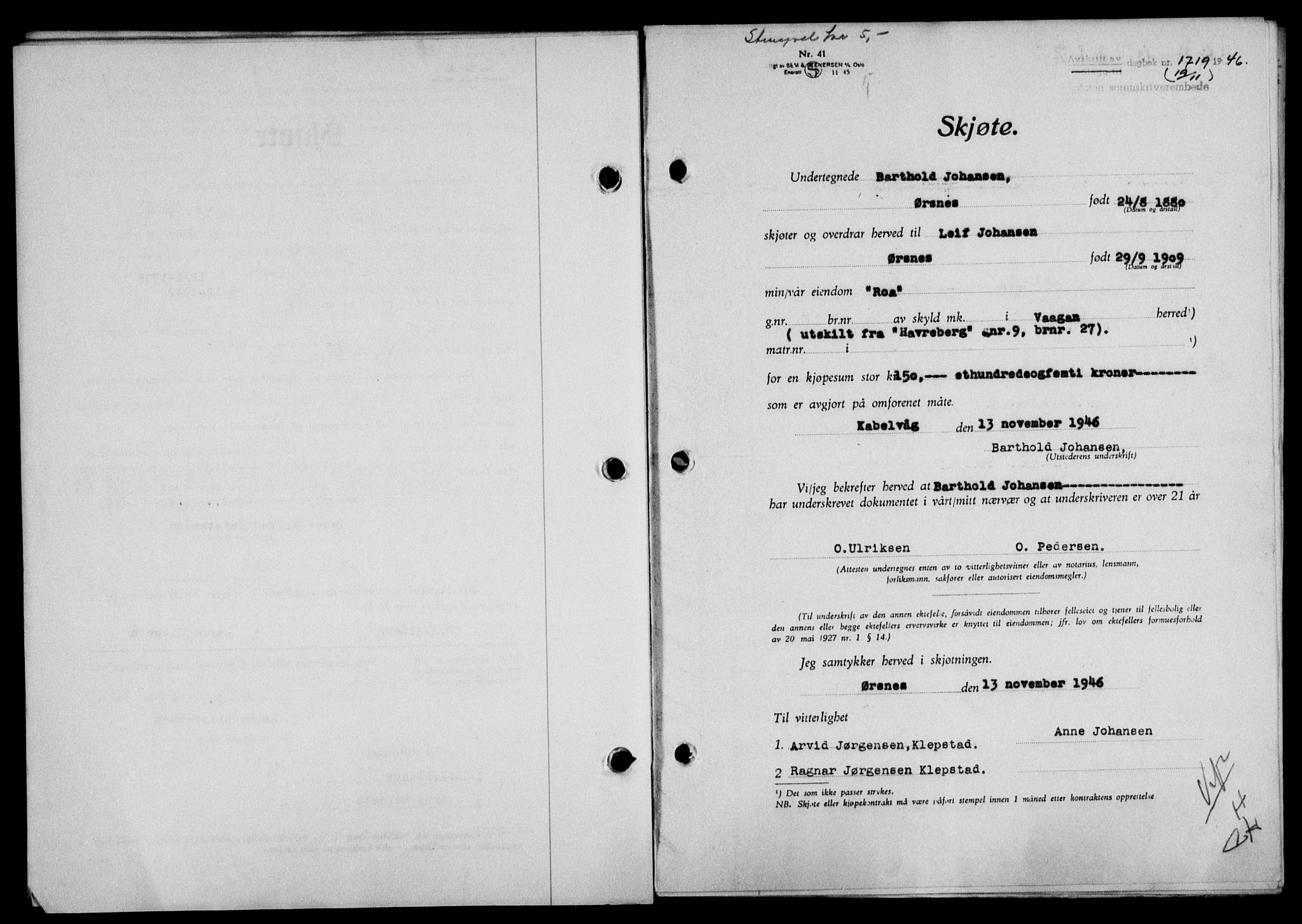 Lofoten sorenskriveri, SAT/A-0017/1/2/2C/L0015a: Mortgage book no. 15a, 1946-1947, Diary no: : 1719/1946
