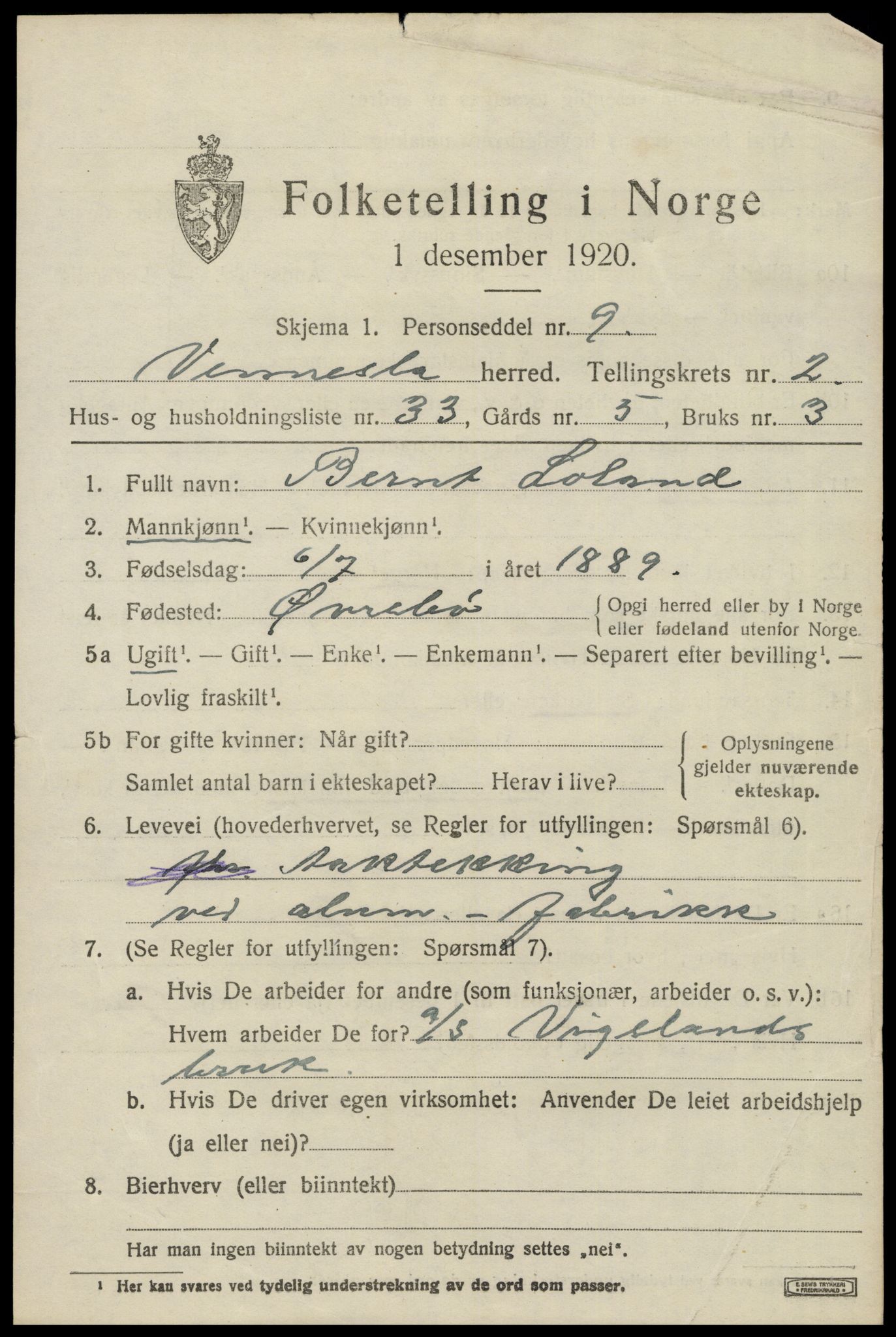 SAK, 1920 census for Vennesla, 1920, p. 1928