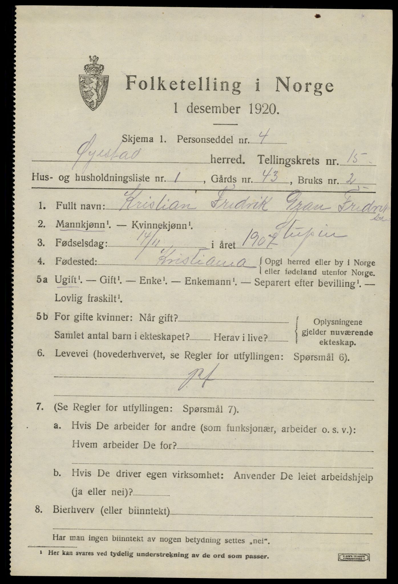 SAK, 1920 census for Øyestad, 1920, p. 10100