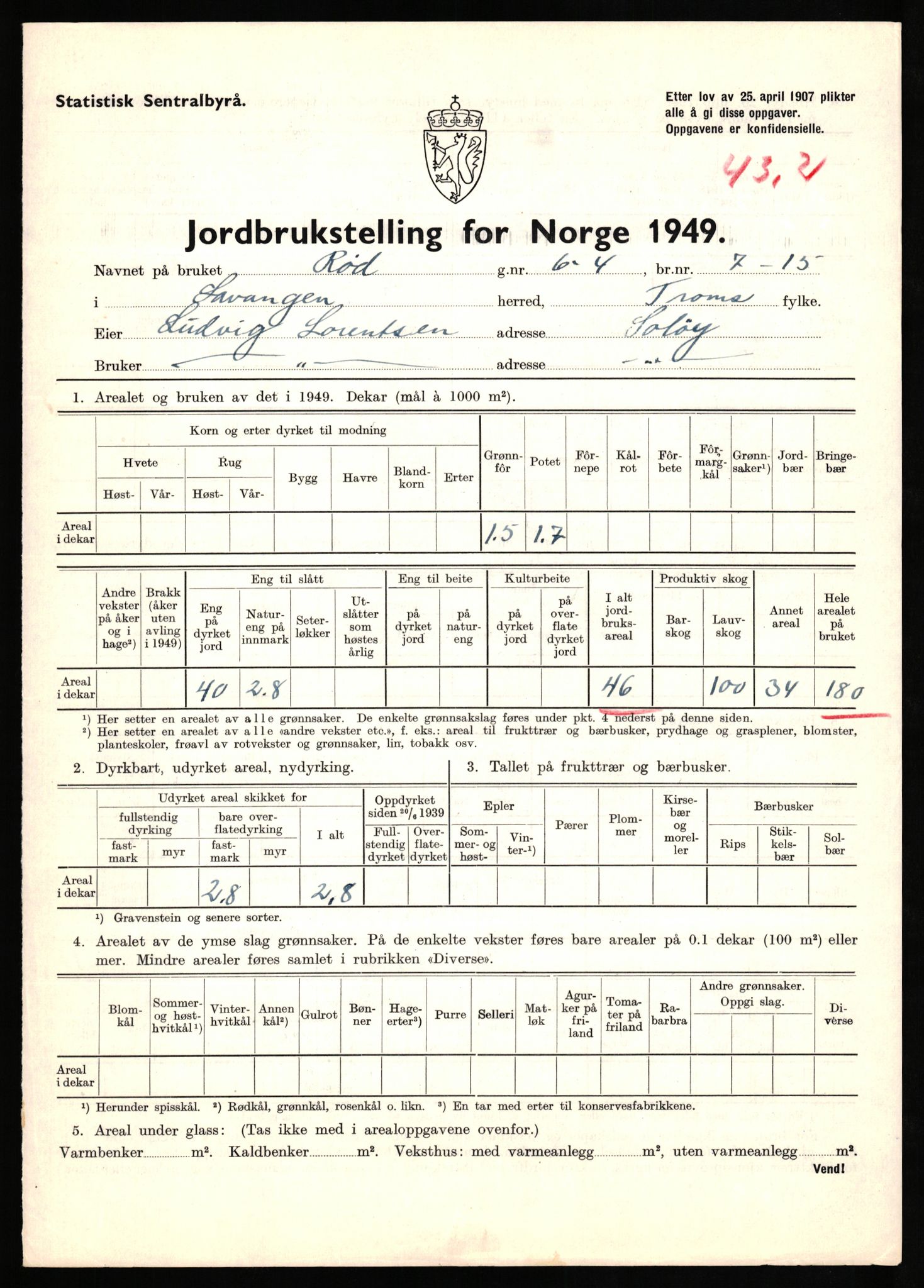 Statistisk sentralbyrå, Næringsøkonomiske emner, Jordbruk, skogbruk, jakt, fiske og fangst, AV/RA-S-2234/G/Gc/L0437: Troms: Gratangen og Lavangen, 1949, p. 370