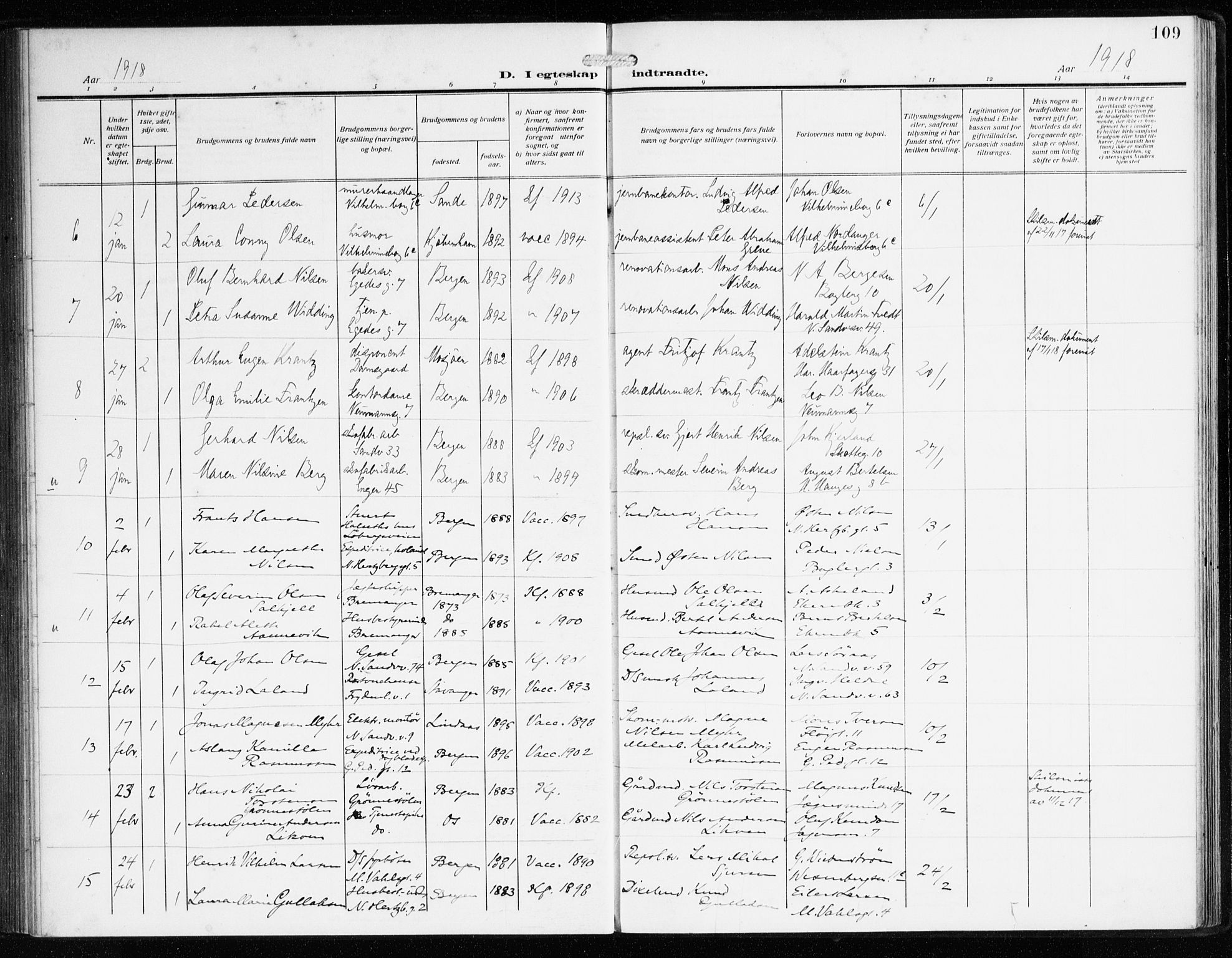 Sandviken Sokneprestembete, AV/SAB-A-77601/H/Ha/L0015: Parish register (official) no. D 2, 1911-1923, p. 109