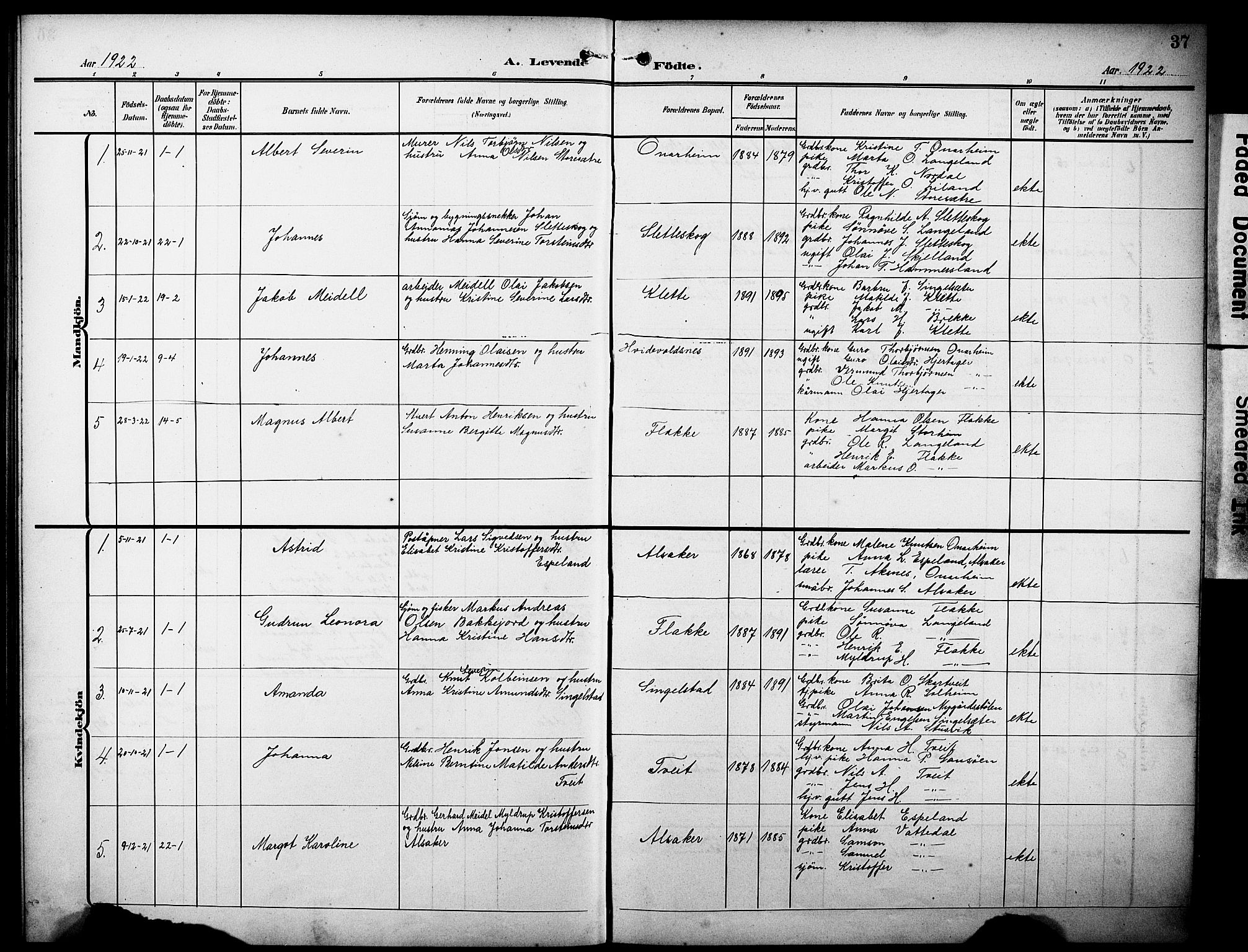 Tysnes sokneprestembete, AV/SAB-A-78601/H/Hab: Parish register (copy) no. C 3, 1908-1924, p. 37