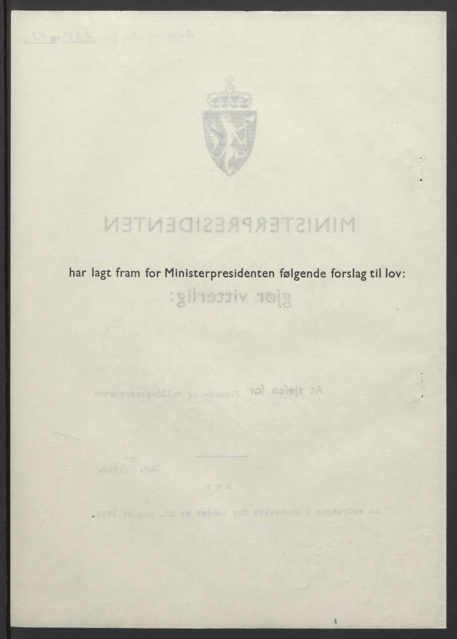 NS-administrasjonen 1940-1945 (Statsrådsekretariatet, de kommisariske statsråder mm), AV/RA-S-4279/D/Db/L0099: Lover, 1943, p. 457