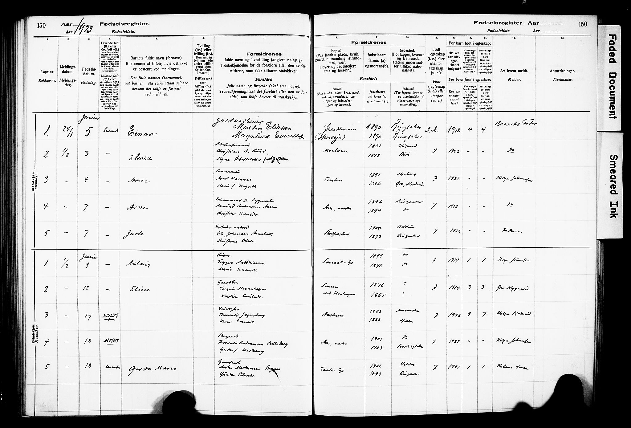 Ringsaker prestekontor, AV/SAH-PREST-014/O/Oa/L0001: Birth register no. 1, 1916-1925, p. 150