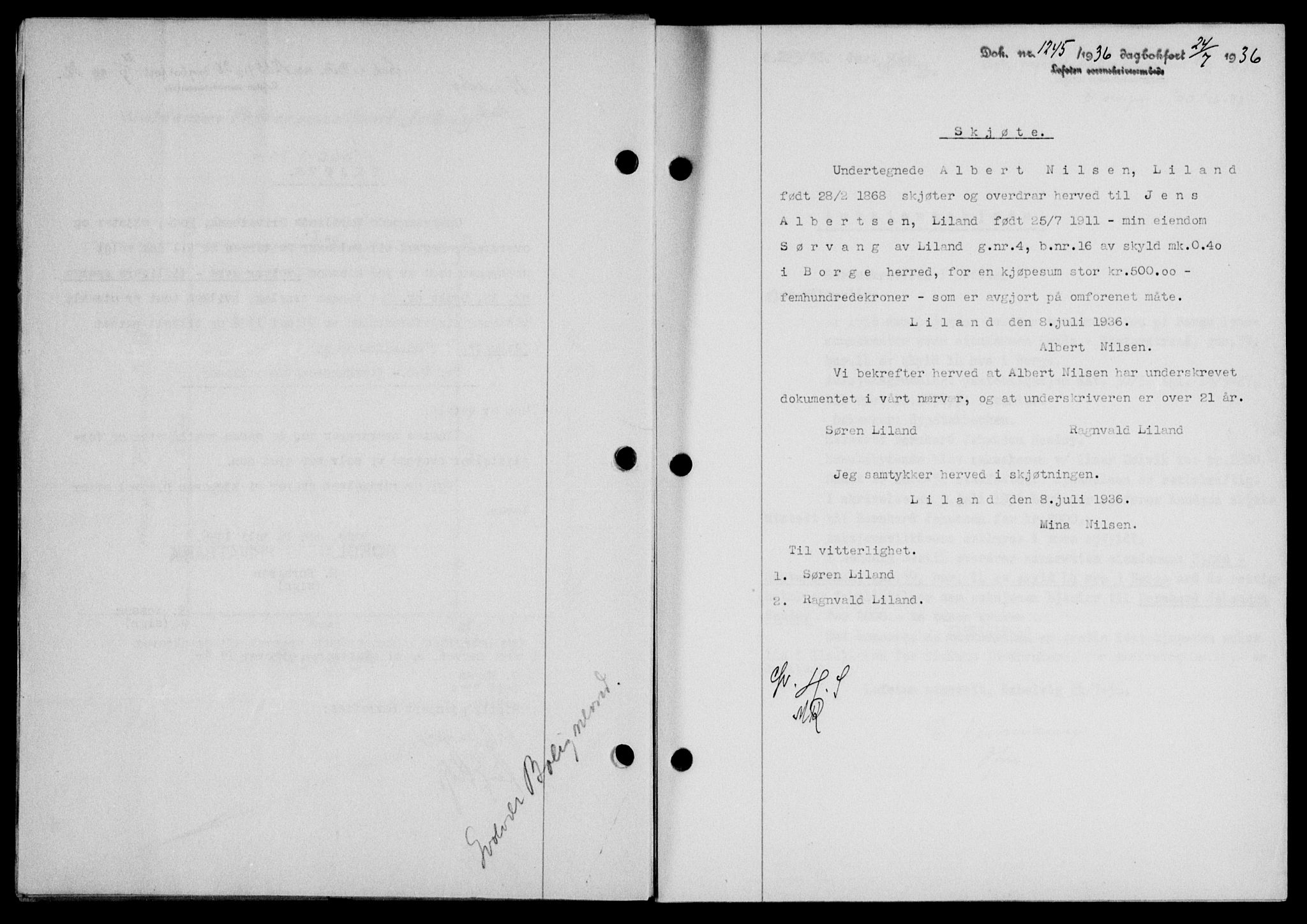 Lofoten sorenskriveri, SAT/A-0017/1/2/2C/L0001a: Mortgage book no. 1a, 1936-1937, Diary no: : 1245/1936