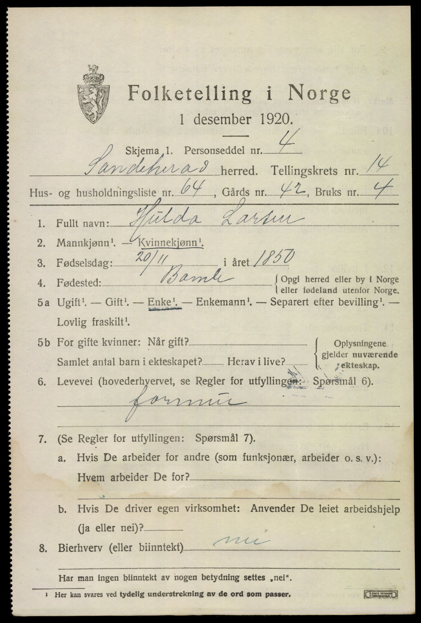 SAKO, 1920 census for Sandeherred, 1920, p. 21142