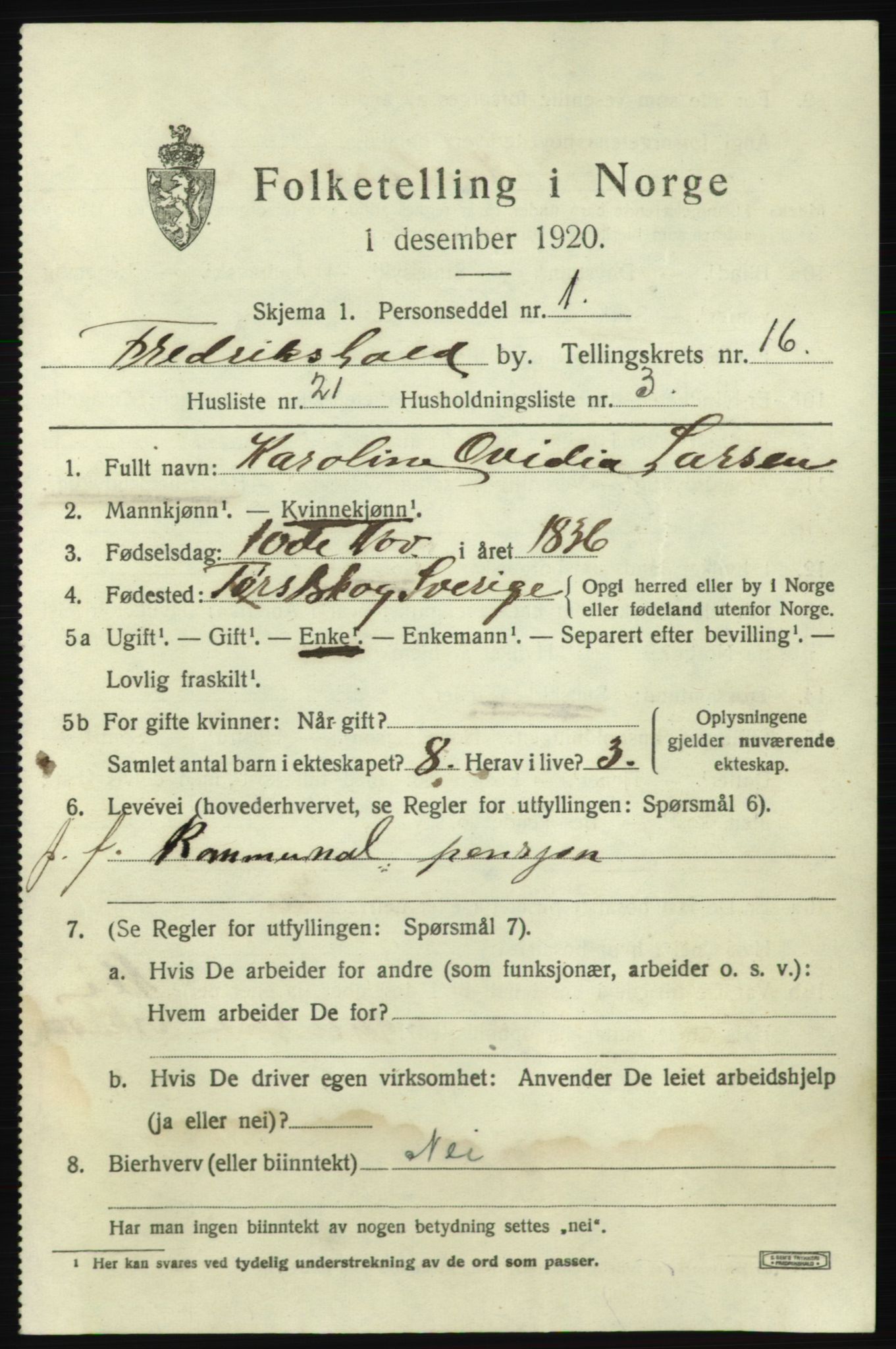 SAO, 1920 census for Fredrikshald, 1920, p. 25495