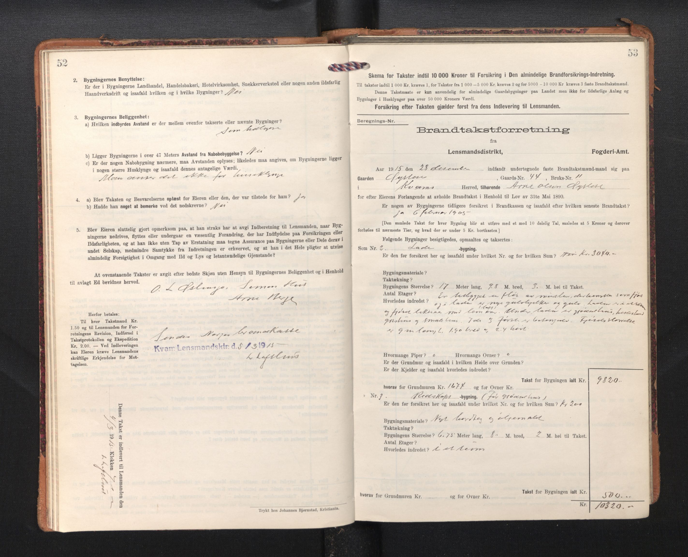 Lensmannen i Kvam, SAB/A-33201/0012/L0006: Branntakstprotokoll, skjematakst, 1913-1955, p. 52-53