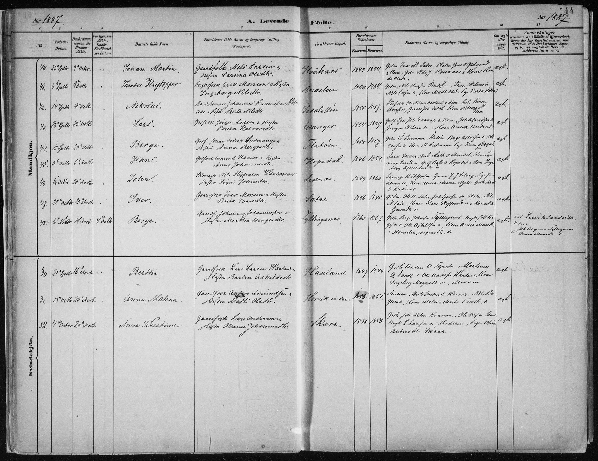 Hamre sokneprestembete, SAB/A-75501/H/Ha/Haa/Haab/L0001: Parish register (official) no. B  1, 1882-1905, p. 44