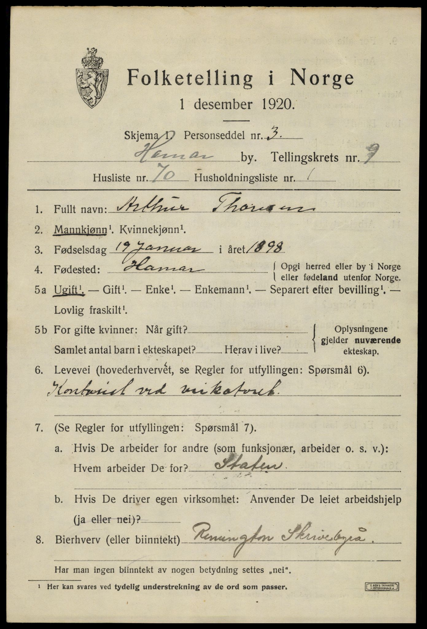 SAH, 1920 census for Hamar, 1920, p. 17521