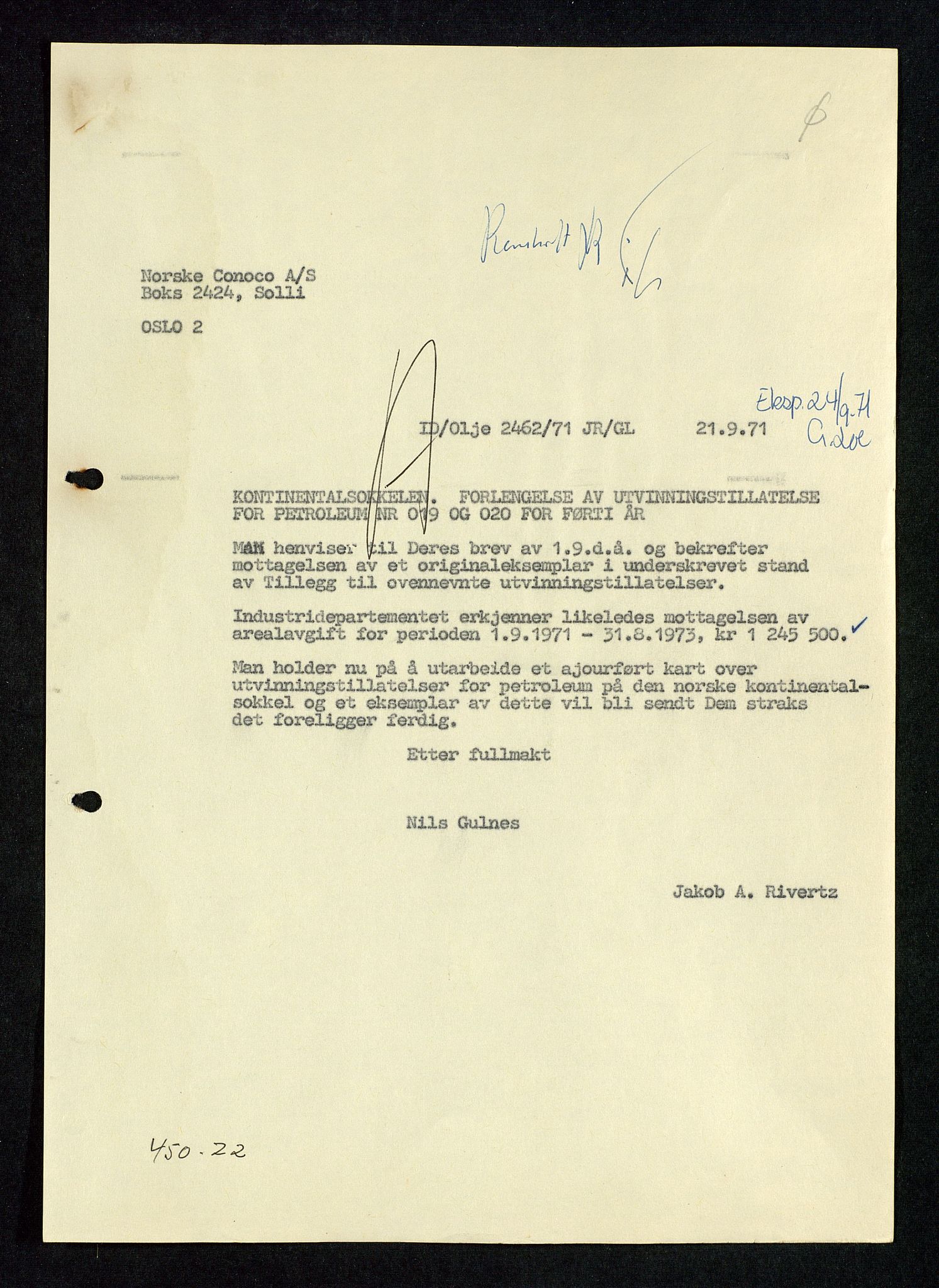 Industridepartementet, Oljekontoret, SAST/A-101348/Da/L0004: Arkivnøkkel 711 - 712 Utvinningstillatelser, 1970-1971, p. 24