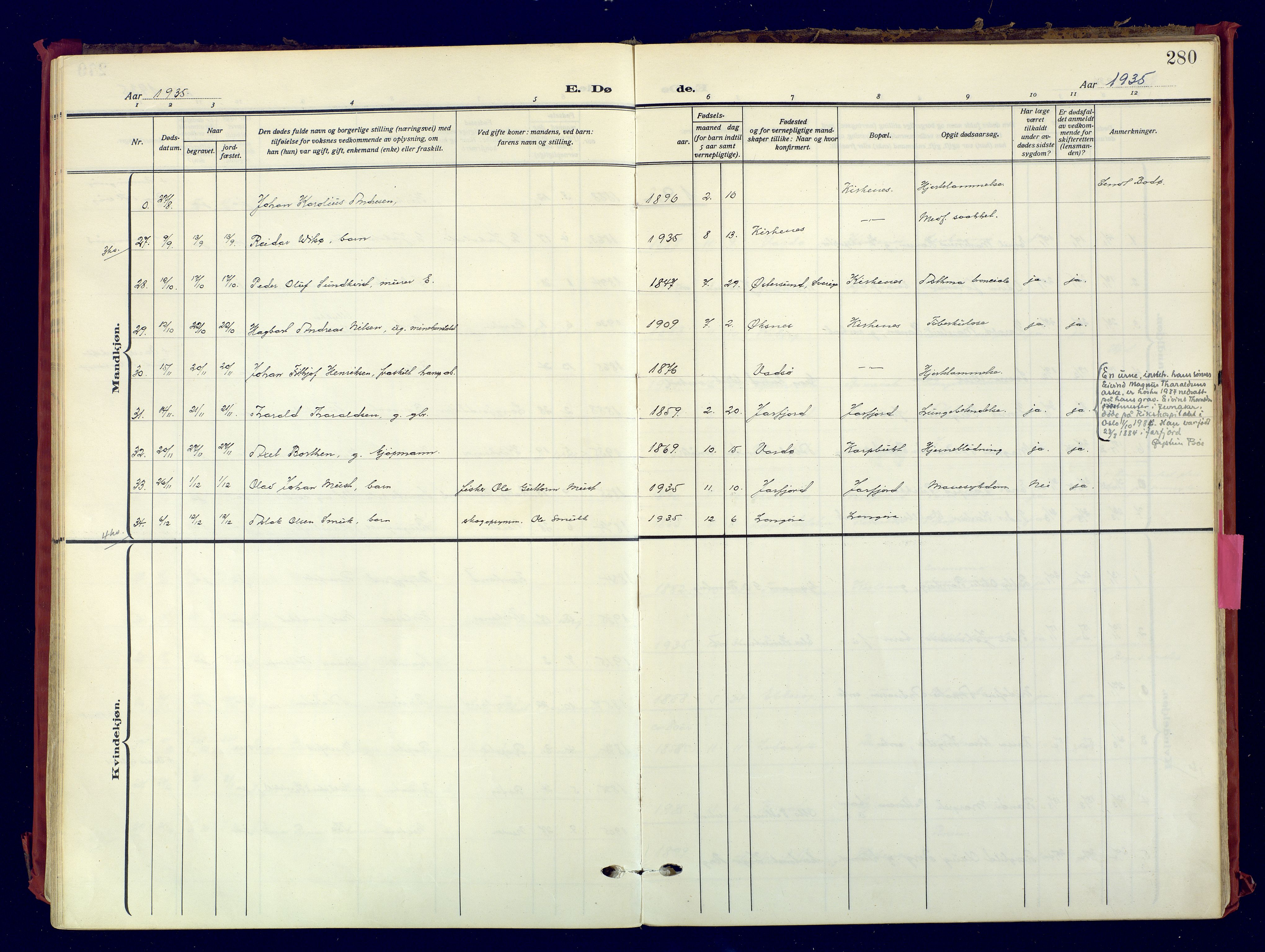 Sør-Varanger sokneprestkontor, AV/SATØ-S-1331/H/Ha/L0007kirke: Parish register (official) no. 7, 1927-1937, p. 280