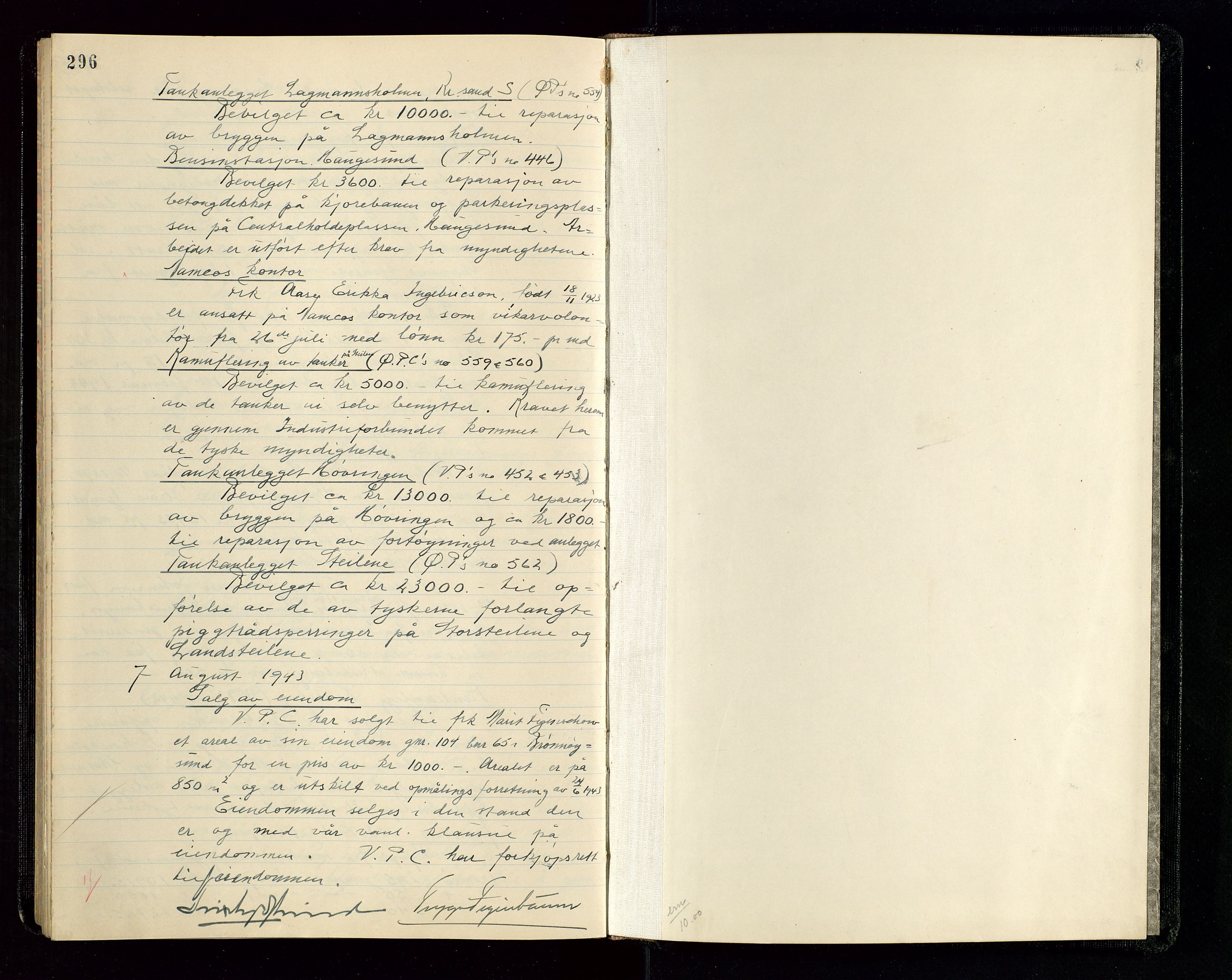 PA 1534 - Østlandske Petroleumscompagni A/S, AV/SAST-A-101954/A/Aa/L0004/0003: Direksjonsprotokoller / Den Administrerende Direksjon alle selskaper (referatprotokoll), 1936-1943, p. 296-297