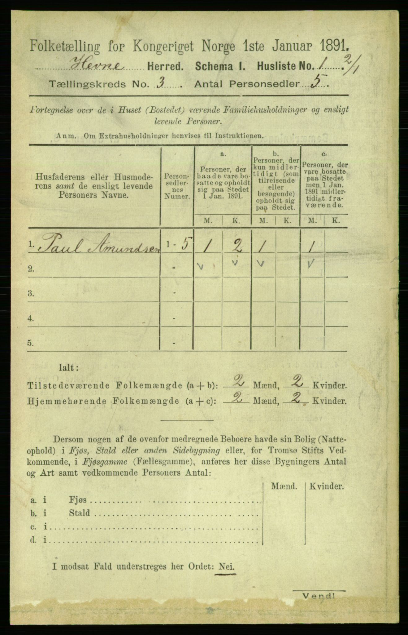 RA, 1891 census for 1612 Hemne, 1891, p. 1315