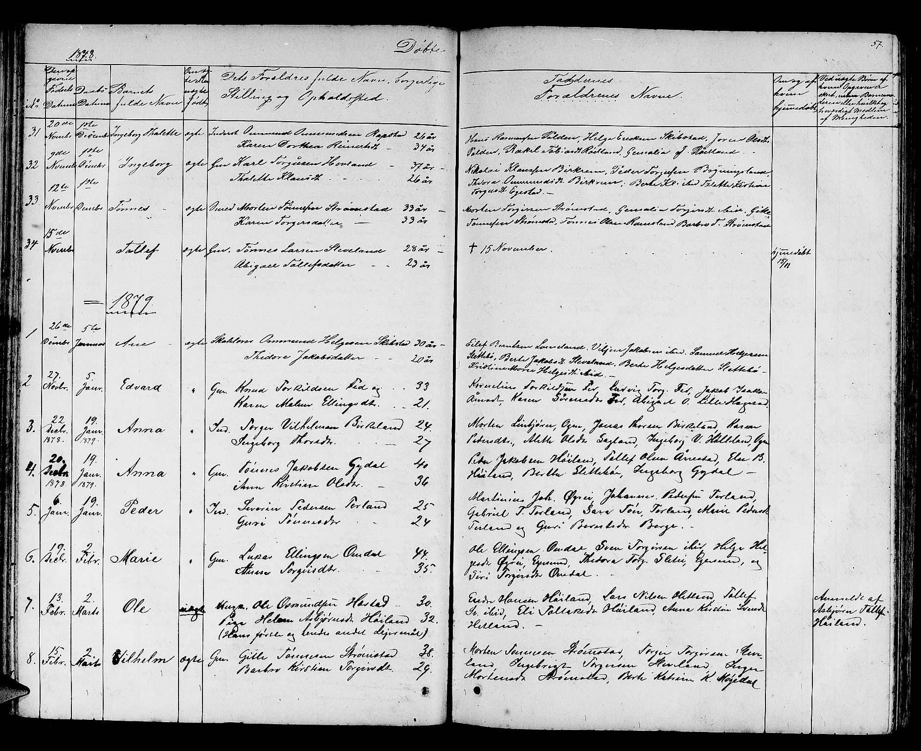 Helleland sokneprestkontor, AV/SAST-A-101810: Parish register (copy) no. B 2, 1848-1886, p. 57