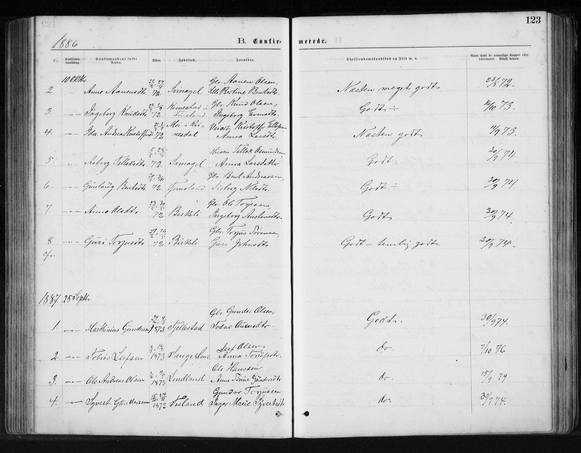 Holum sokneprestkontor, SAK/1111-0022/F/Fb/Fbb/L0003: Parish register (copy) no. B 3, 1875-1898, p. 123