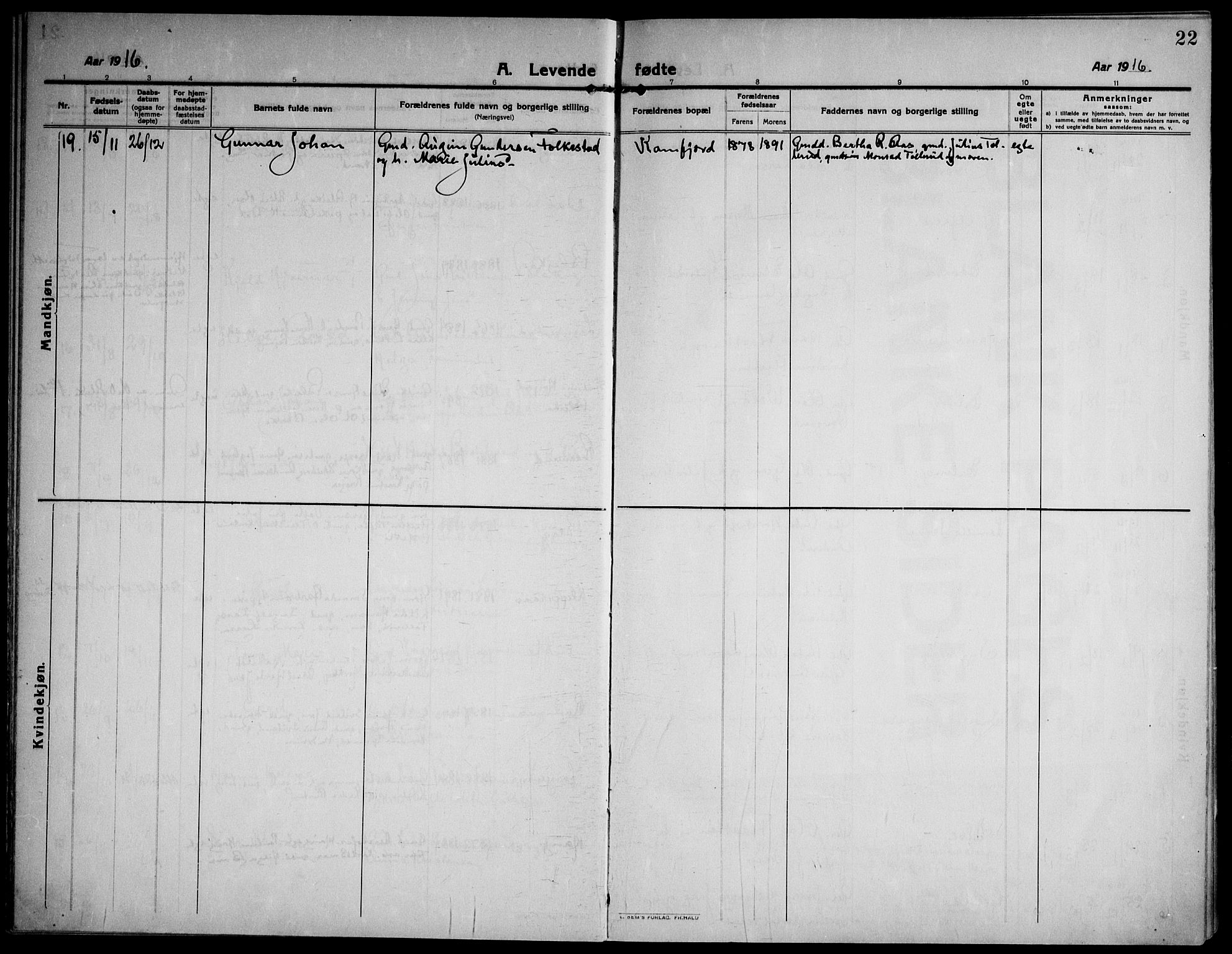 Ramnes kirkebøker, SAKO/A-314/F/Fa/L0009: Parish register (official) no. I 9, 1912-1929, p. 22