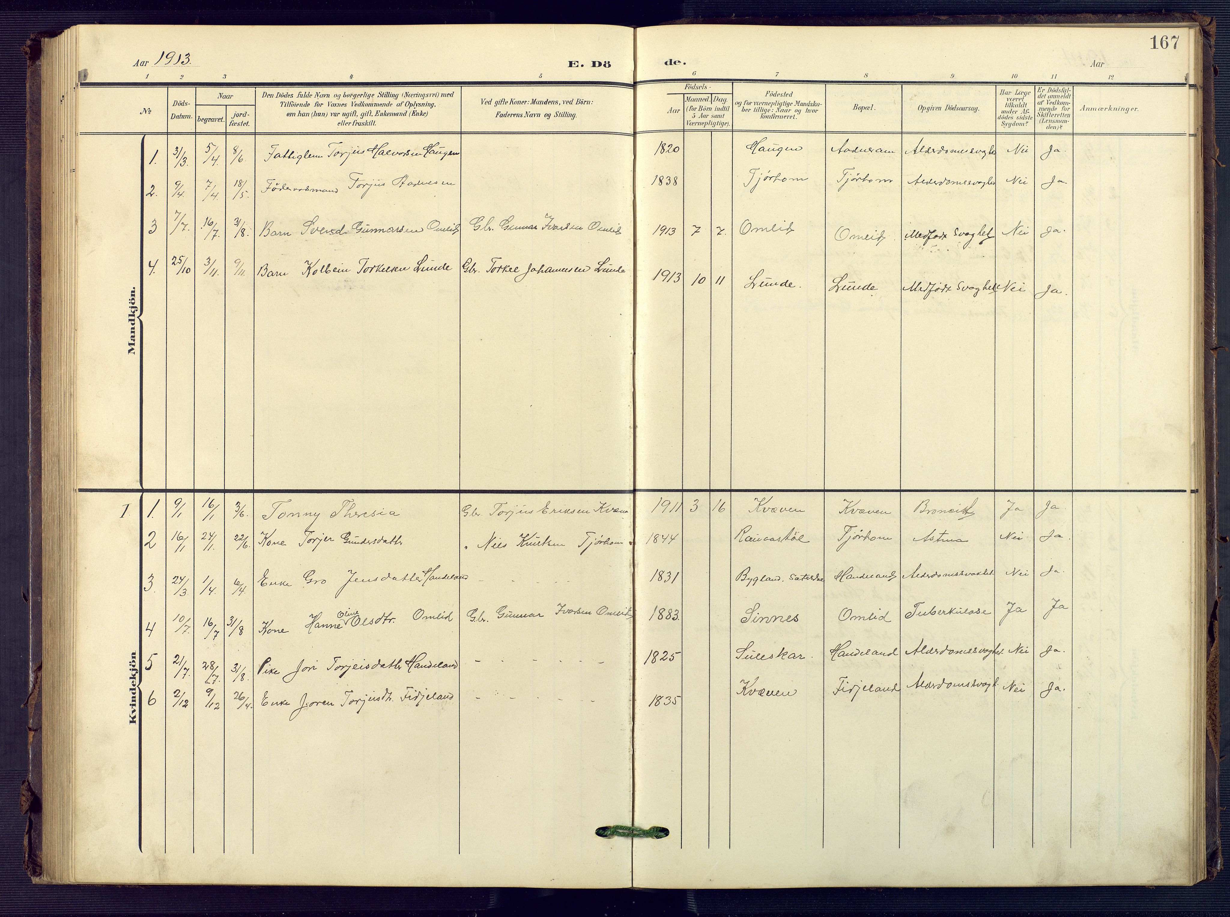 Sirdal sokneprestkontor, AV/SAK-1111-0036/F/Fb/Fba/L0002: Parish register (copy) no. B 2, 1905-1958, p. 167