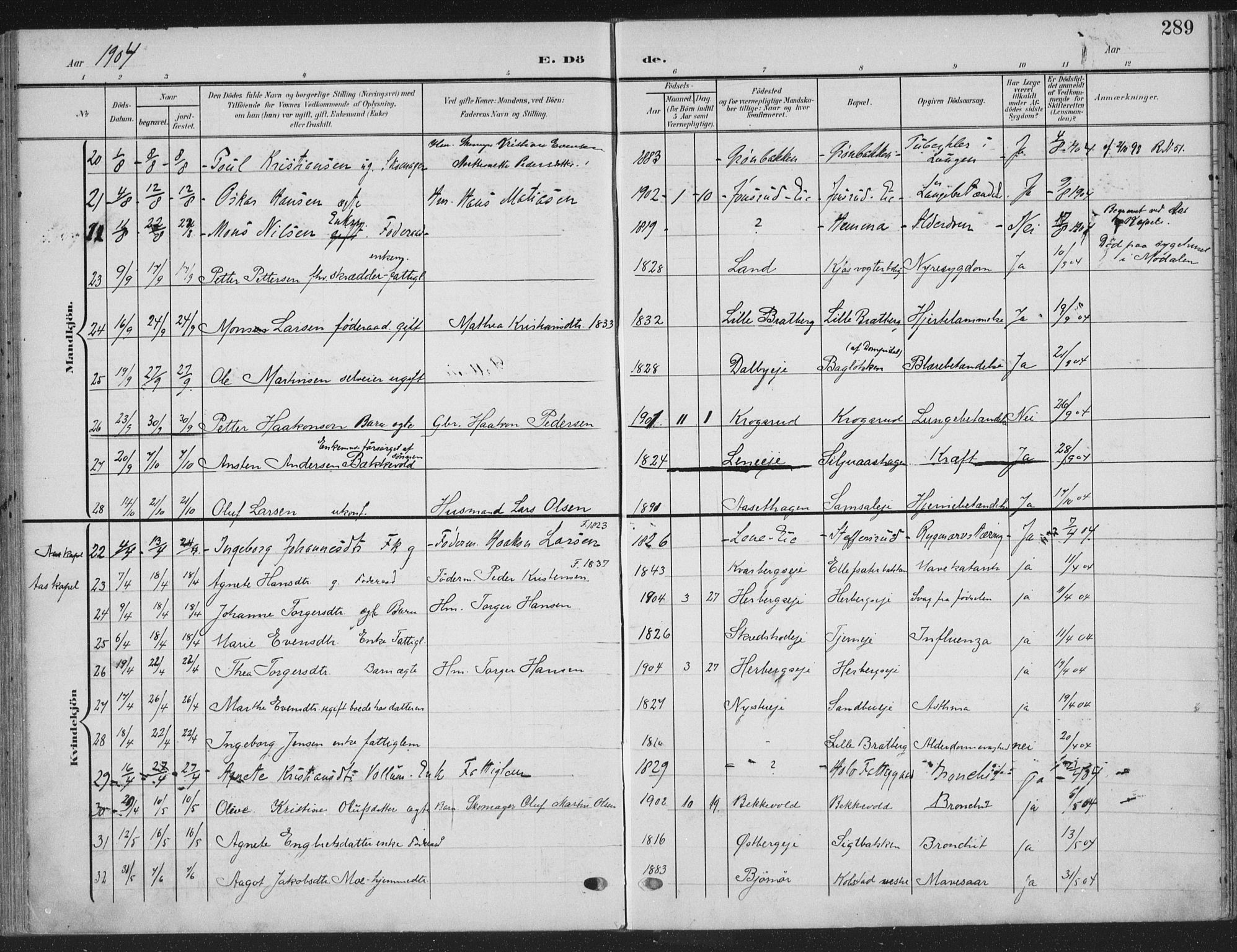 Ringsaker prestekontor, SAH/PREST-014/K/Ka/L0018: Parish register (official) no. 18, 1903-1912, p. 289