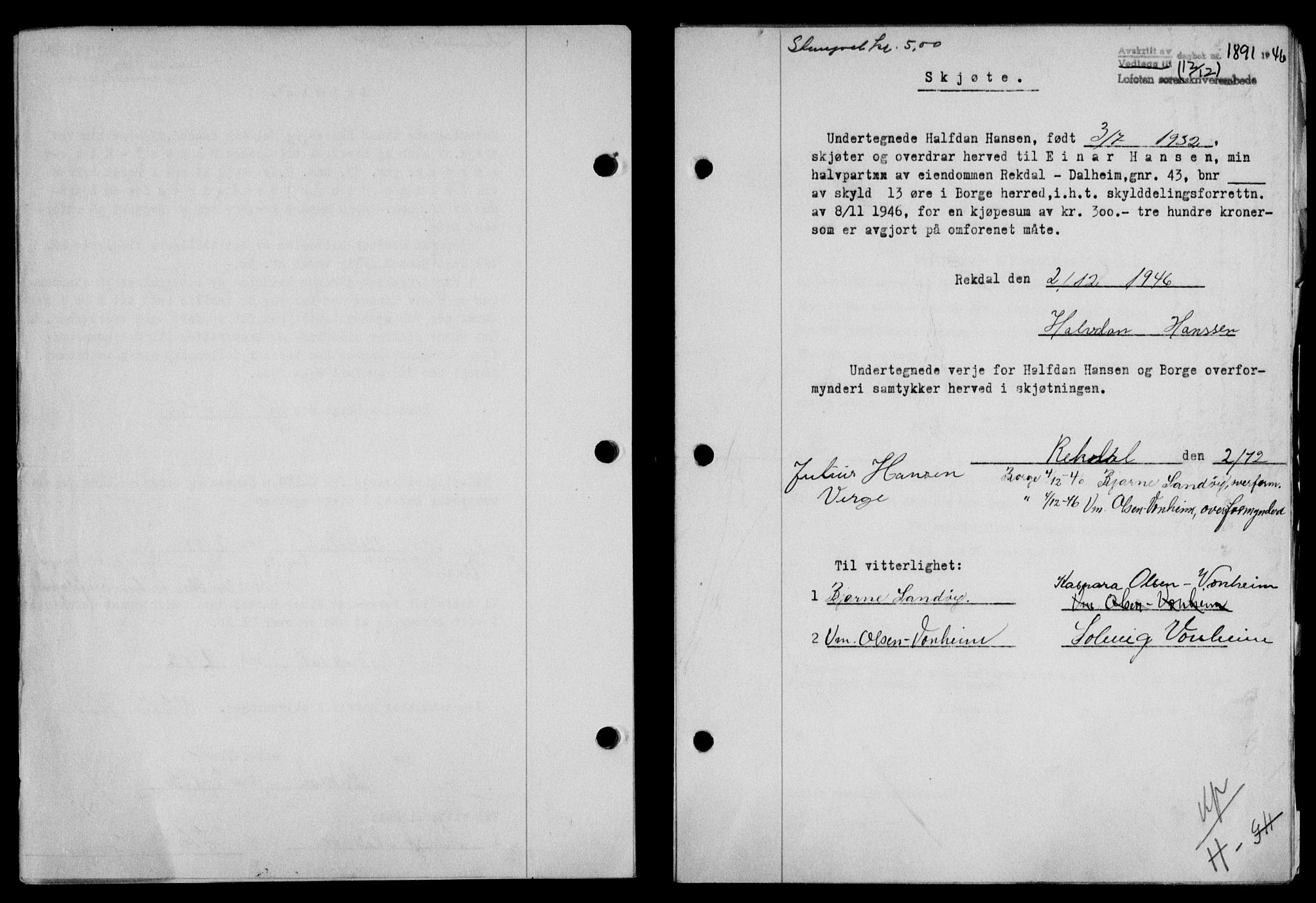 Lofoten sorenskriveri, SAT/A-0017/1/2/2C/L0015a: Mortgage book no. 15a, 1946-1947, Diary no: : 1891/1946