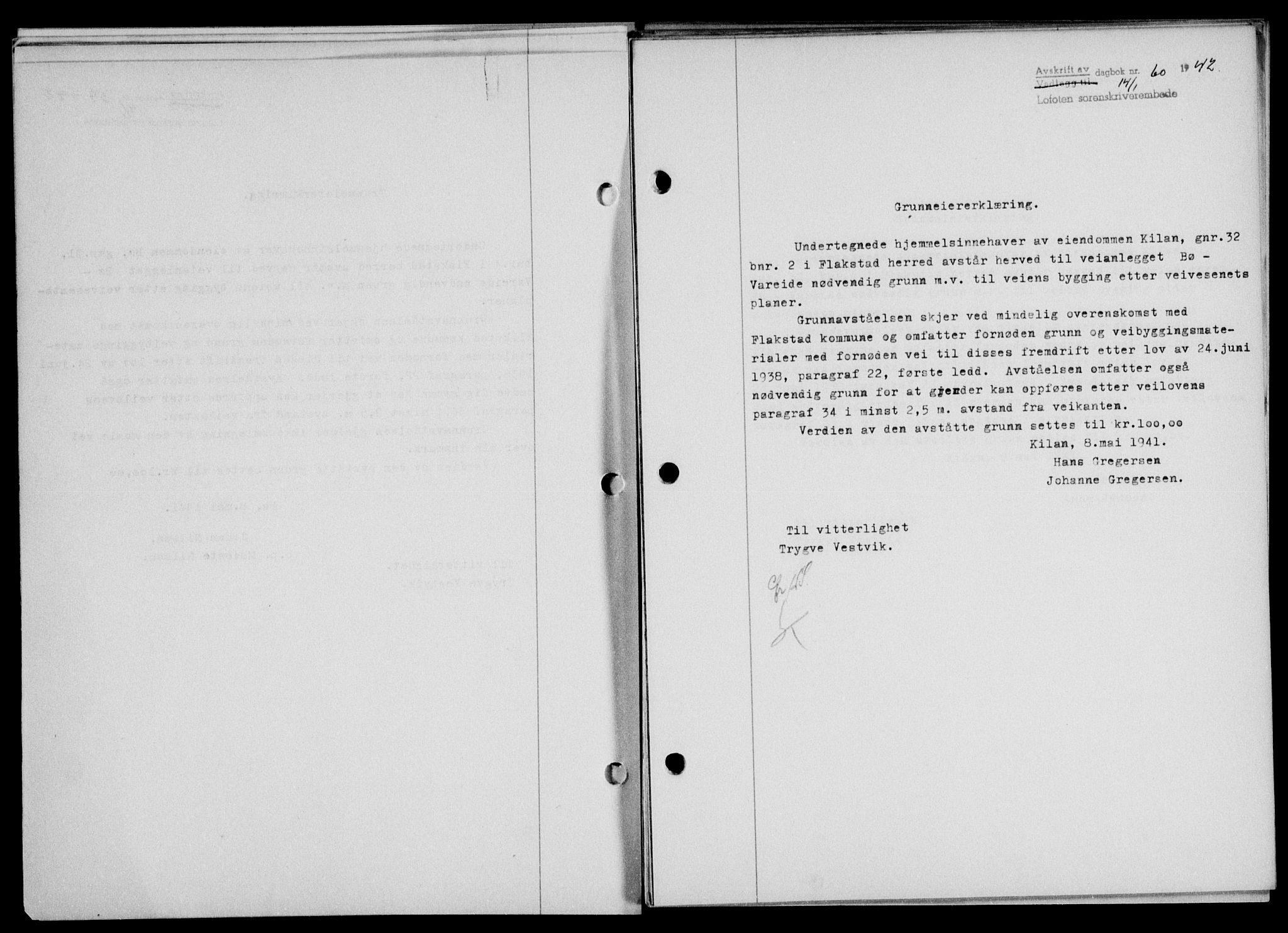 Lofoten sorenskriveri, SAT/A-0017/1/2/2C/L0009a: Mortgage book no. 9a, 1941-1942, Diary no: : 60/1942