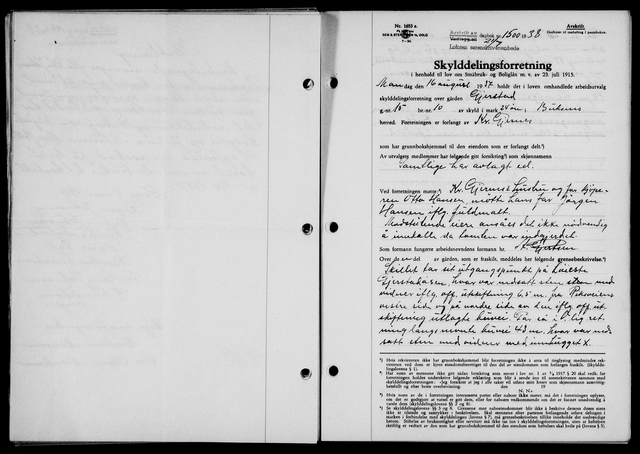 Lofoten sorenskriveri, SAT/A-0017/1/2/2C/L0004a: Mortgage book no. 4a, 1938-1938, Diary no: : 1500/1938
