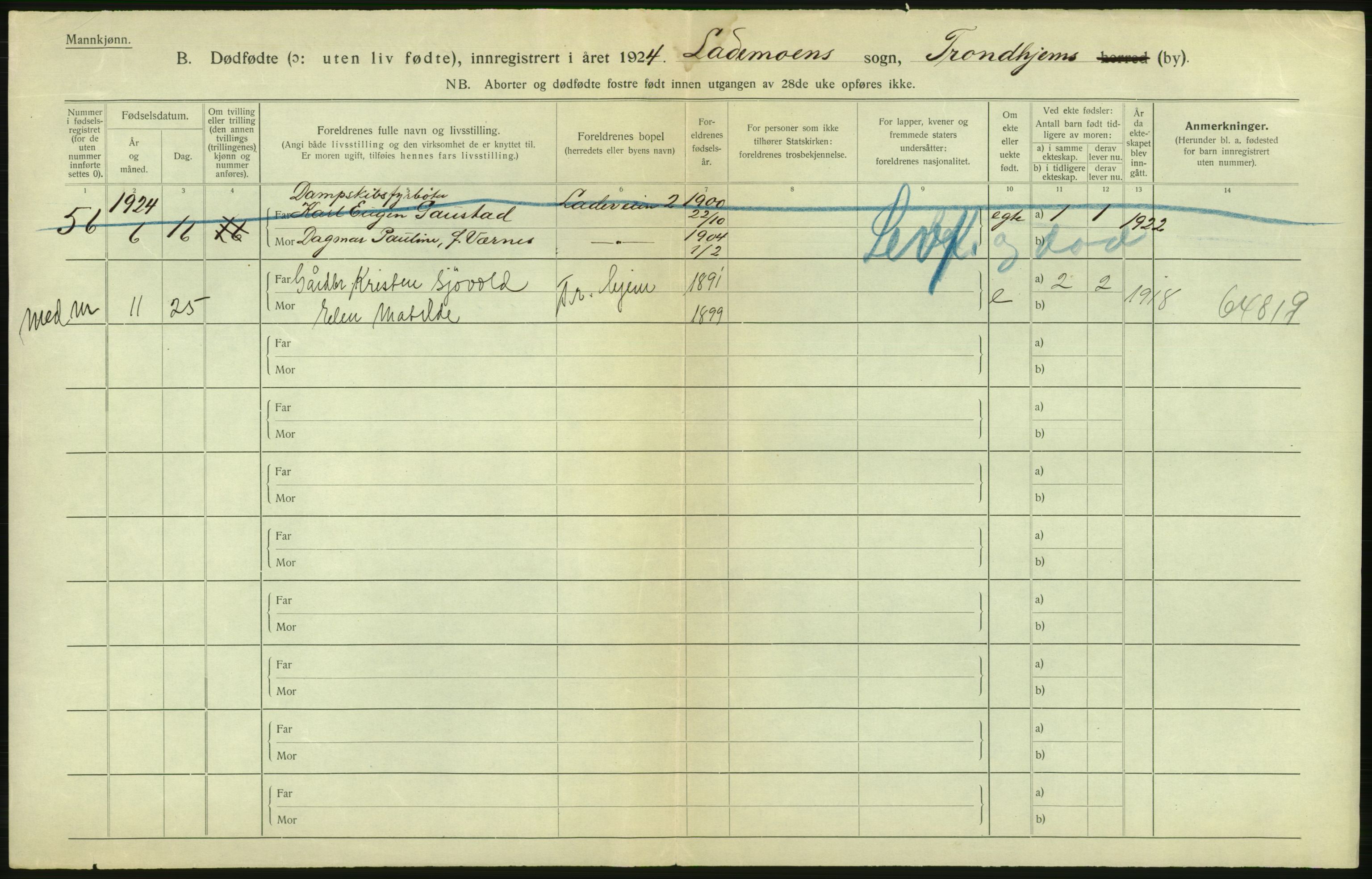 Statistisk sentralbyrå, Sosiodemografiske emner, Befolkning, AV/RA-S-2228/D/Df/Dfc/Dfcd/L0037: Trondheim: Levendefødte menn og kvinner, gifte, døde, dødfødte., 1924, p. 874