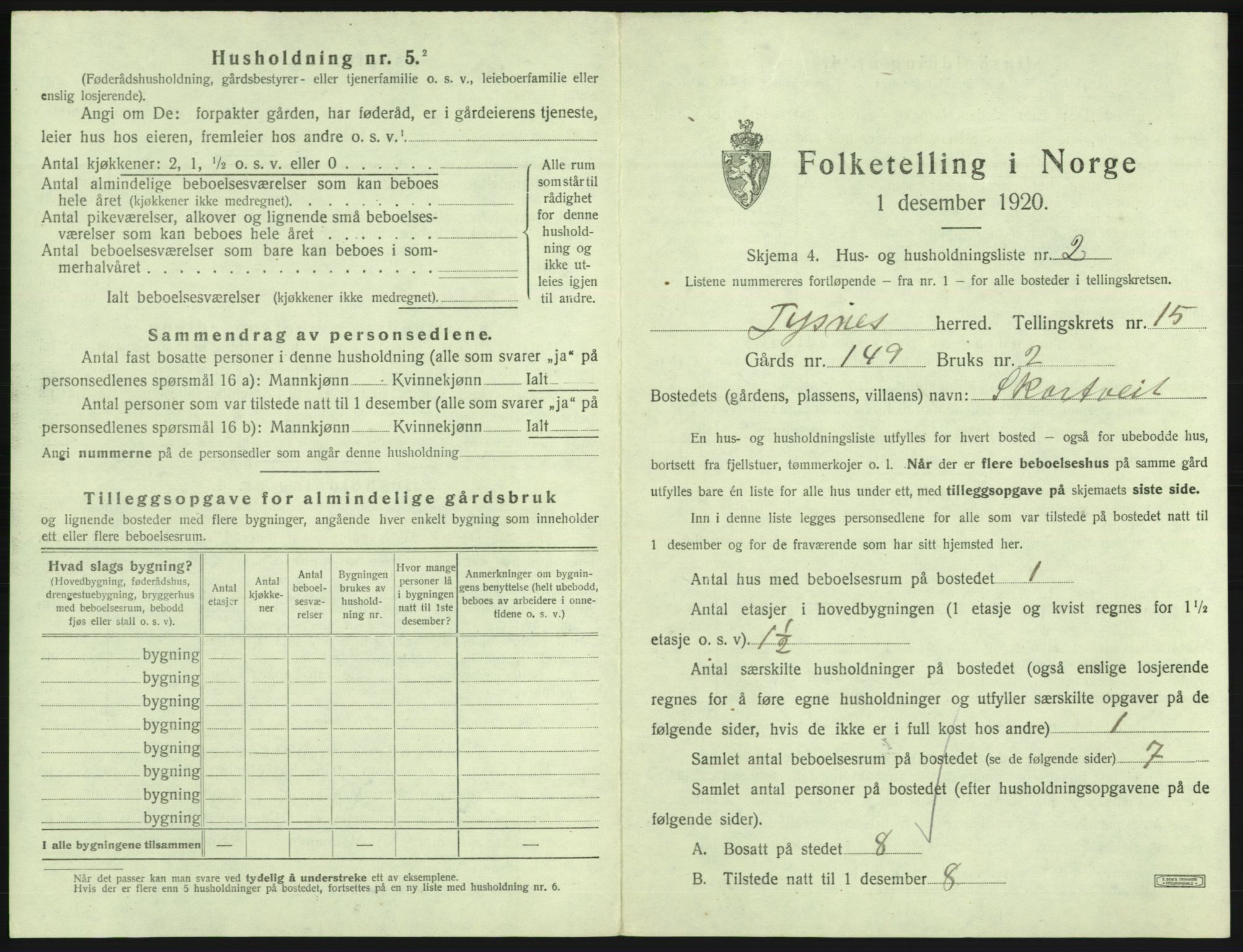 SAB, 1920 census for Tysnes, 1920, p. 1518