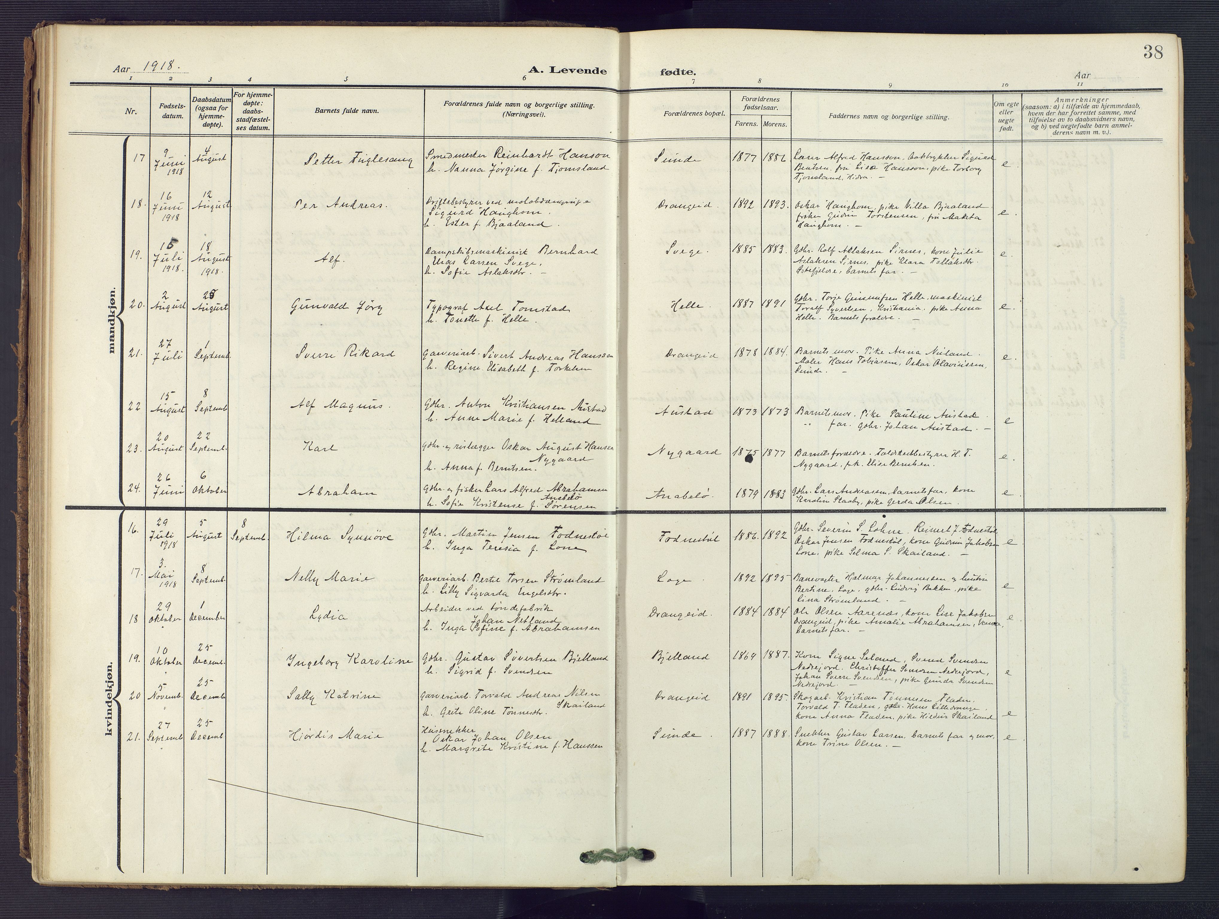 Flekkefjord sokneprestkontor, AV/SAK-1111-0012/F/Fa/Fac/L0010: Parish register (official) no. A 10, 1910-1927, p. 38