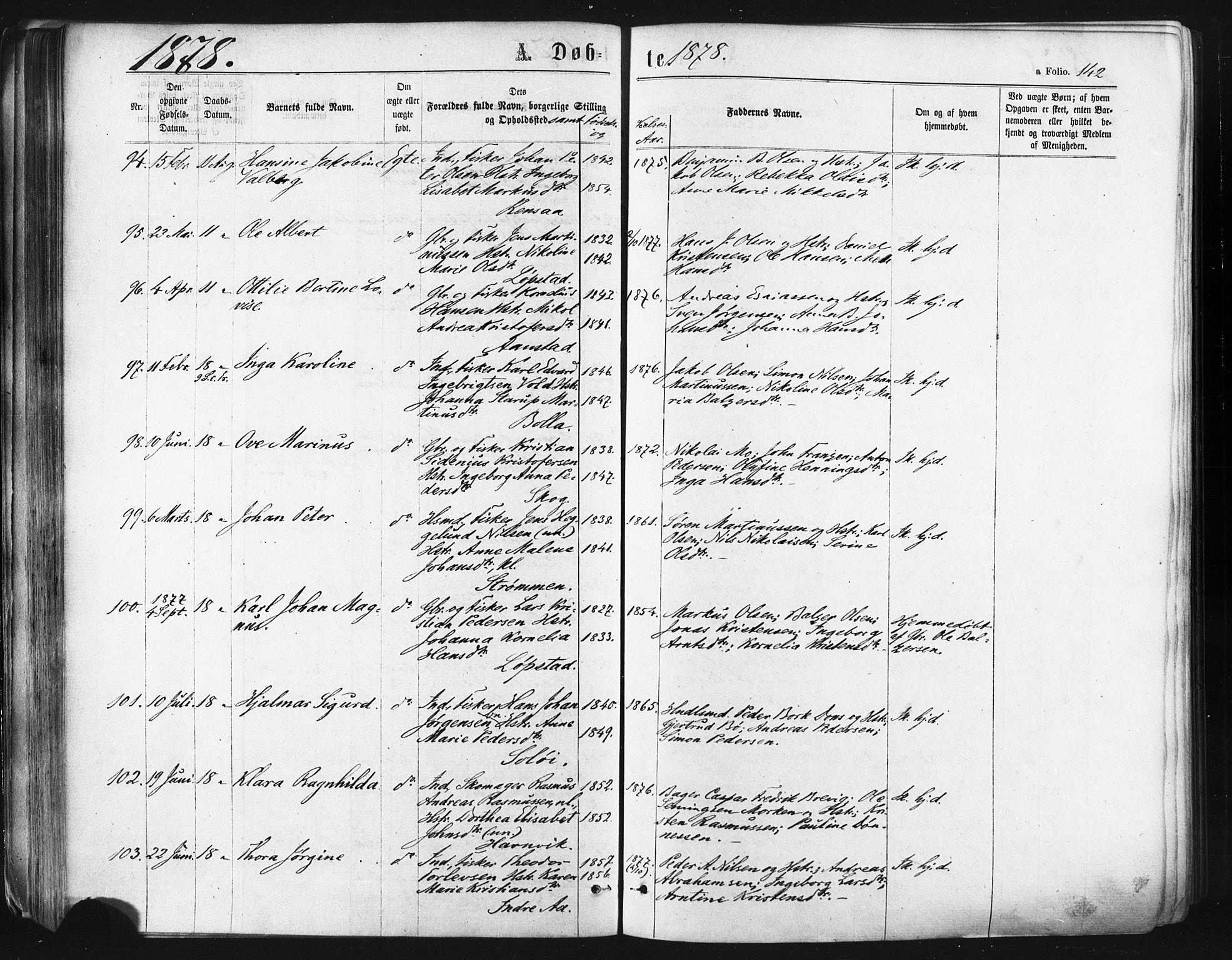 Ibestad sokneprestembete, SATØ/S-0077/H/Ha/Haa/L0010kirke: Parish register (official) no. 10, 1869-1879, p. 142