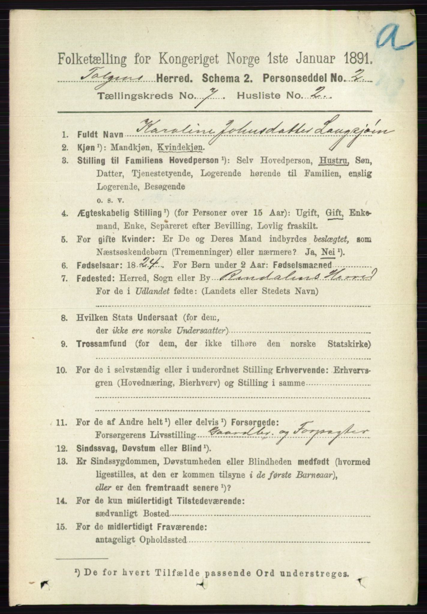 RA, 1891 census for 0436 Tolga, 1891, p. 2032