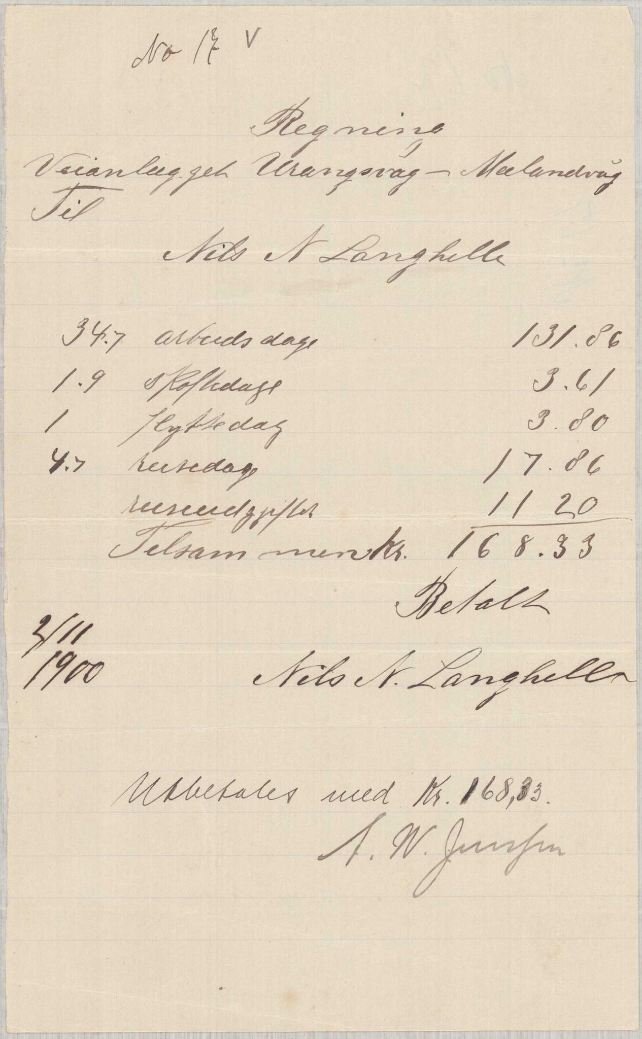 Finnaas kommune. Formannskapet, IKAH/1218a-021/E/Ea/L0002/0001: Rekneskap for veganlegg / Rekneskap for veganlegget Urangsvåg - Mælandsvåg, 1898-1900, p. 159