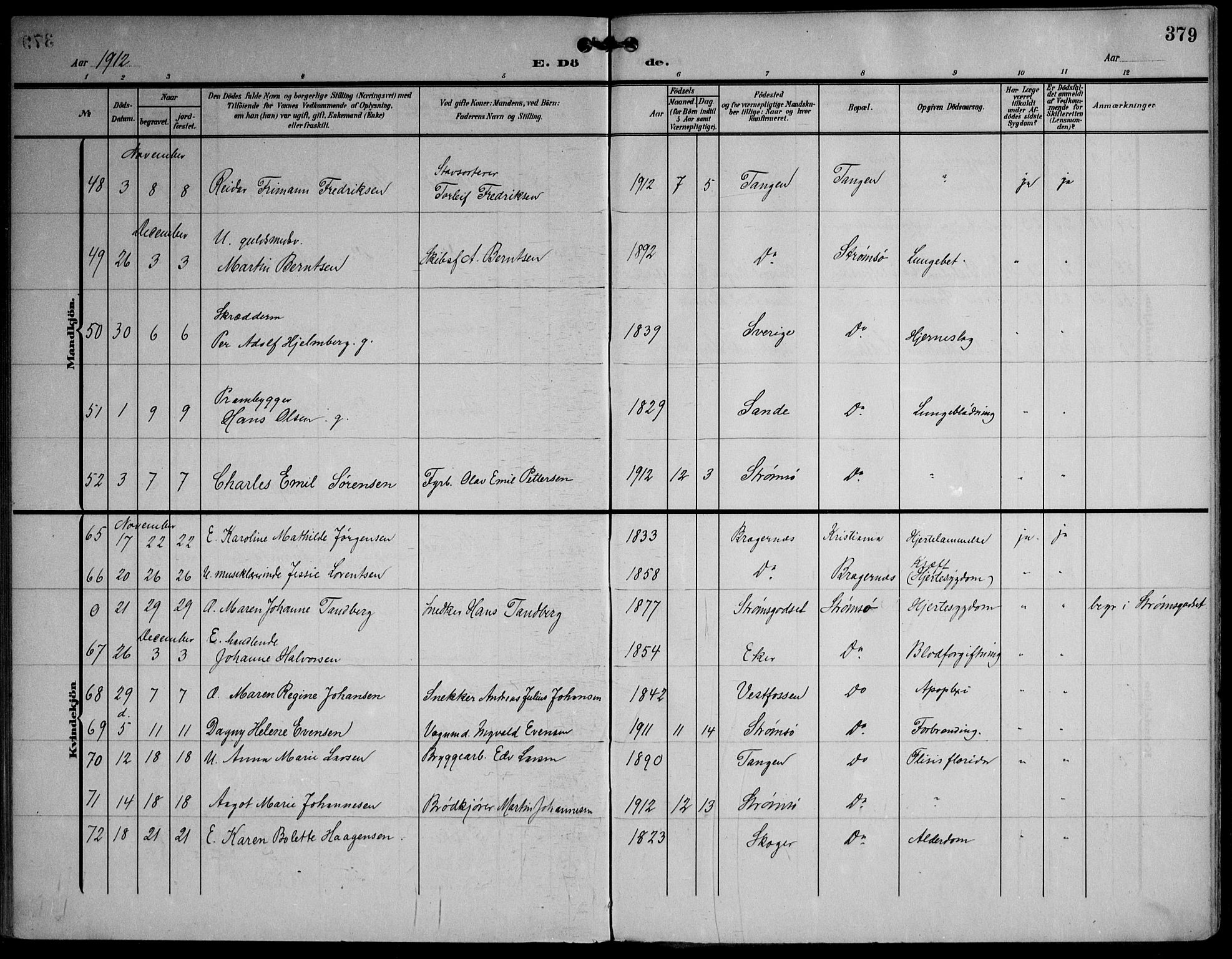 Strømsø kirkebøker, AV/SAKO-A-246/F/Fa/L0026: Parish register (official) no. I 26, 1905-1914, p. 379