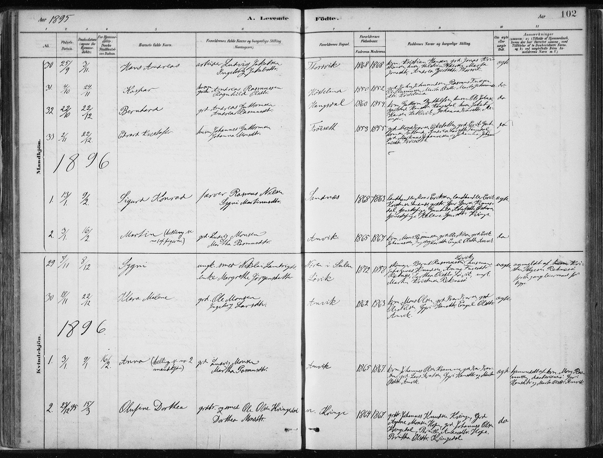 Masfjorden sokneprestembete, AV/SAB-A-77001: Parish register (official) no. B  1, 1876-1899, p. 102