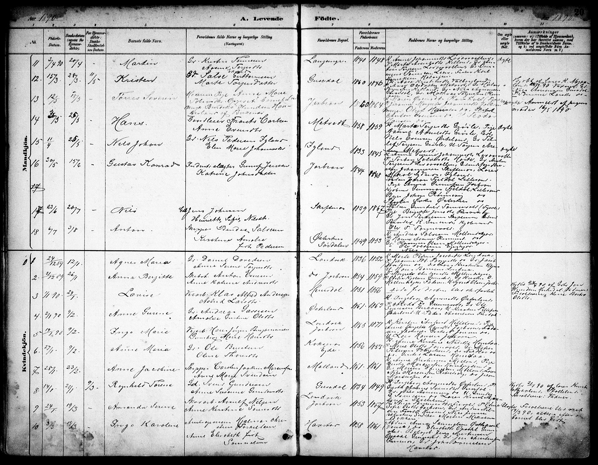 Hommedal sokneprestkontor, AV/SAK-1111-0023/F/Fb/Fbb/L0007: Parish register (copy) no. B 7, 1885-1904, p. 20