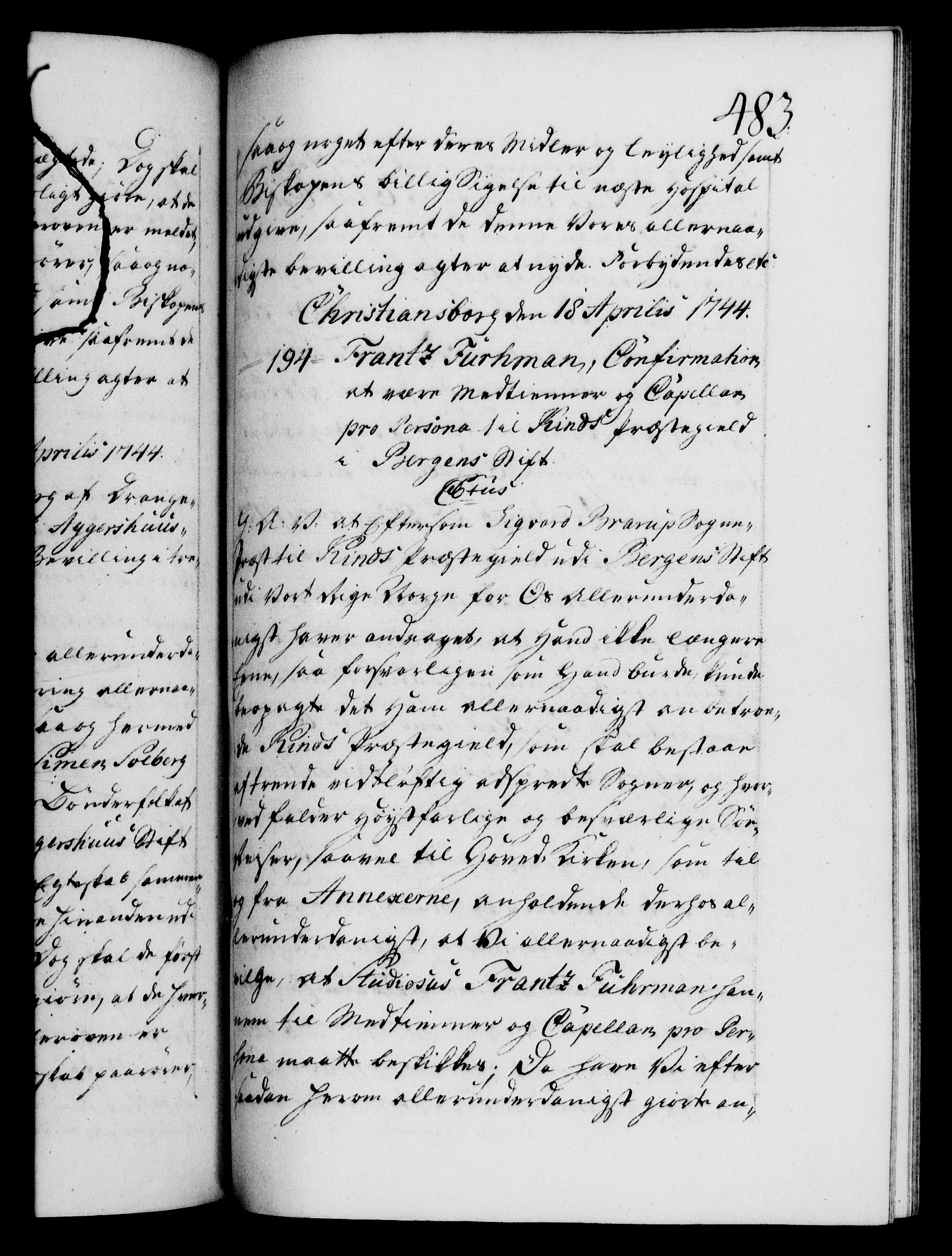 Danske Kanselli 1572-1799, AV/RA-EA-3023/F/Fc/Fca/Fcaa/L0033: Norske registre, 1743-1744, p. 483a