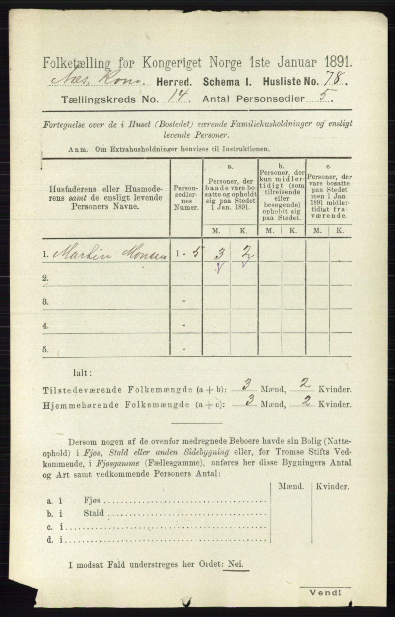 RA, 1891 census for 0236 Nes, 1891, p. 8499