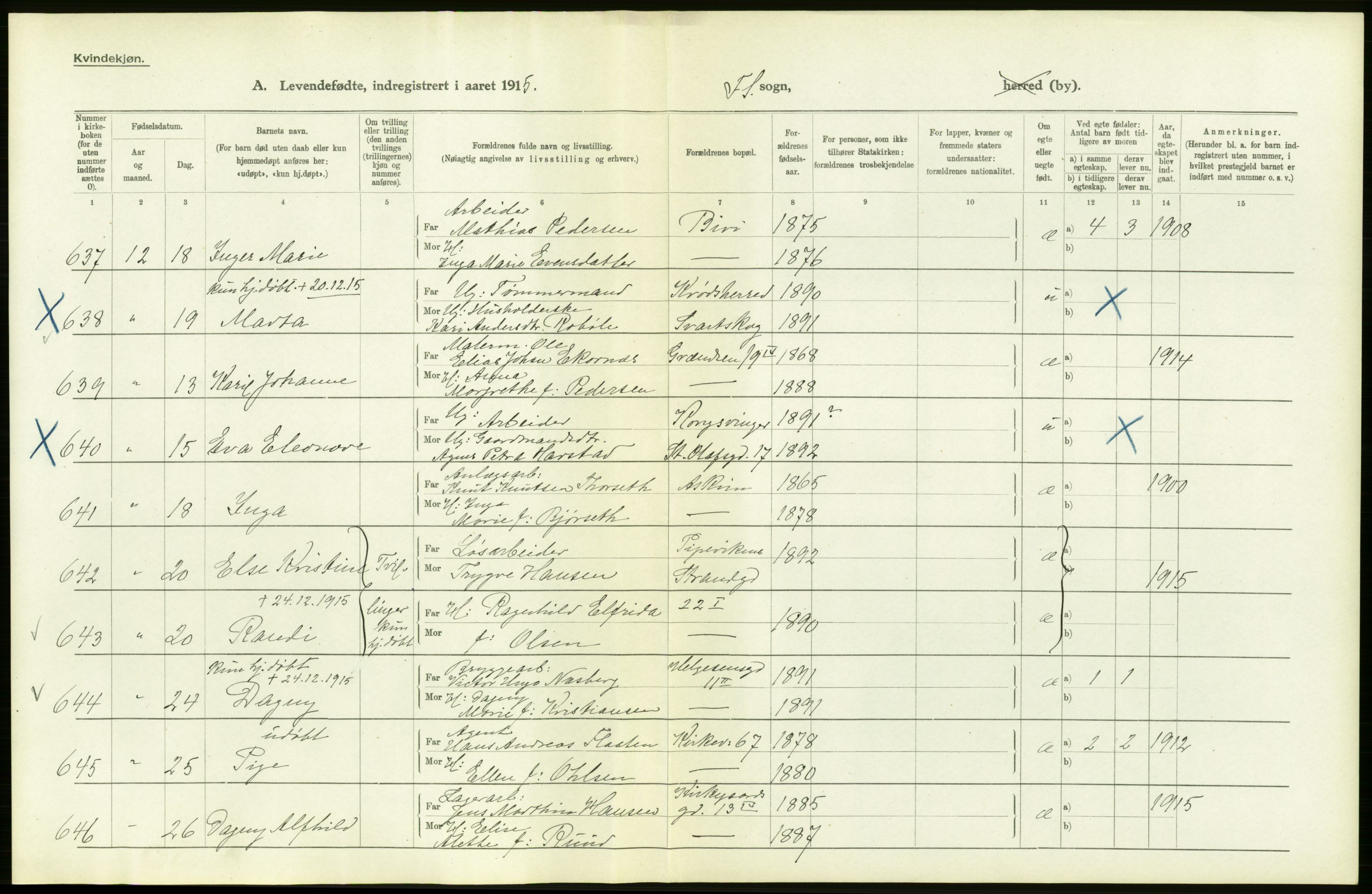 Statistisk sentralbyrå, Sosiodemografiske emner, Befolkning, AV/RA-S-2228/D/Df/Dfb/Dfbe/L0007: Kristiania: Levendefødte menn og kvinner., 1915, p. 4