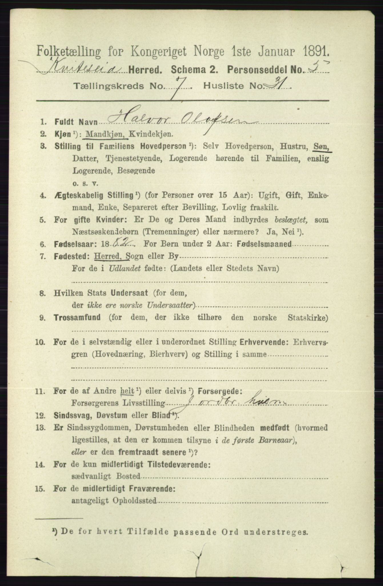 RA, 1891 census for 0829 Kviteseid, 1891, p. 1536