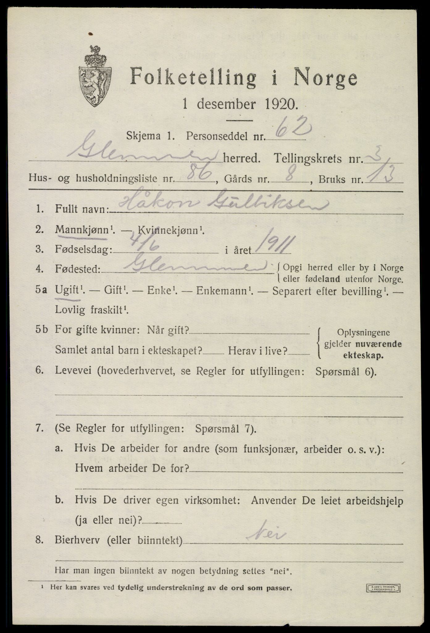 SAO, 1920 census for Glemmen, 1920, p. 7833