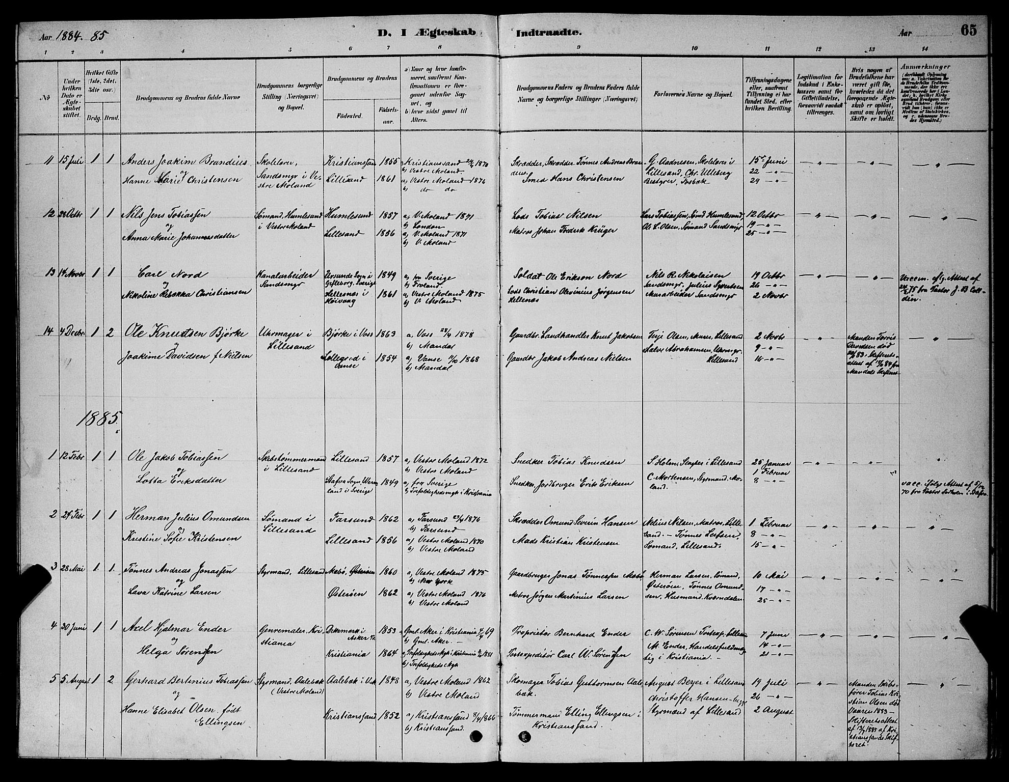 Vestre Moland sokneprestkontor, SAK/1111-0046/F/Fb/Fba/L0001: Parish register (copy) no. B 1, 1884-1903, p. 65