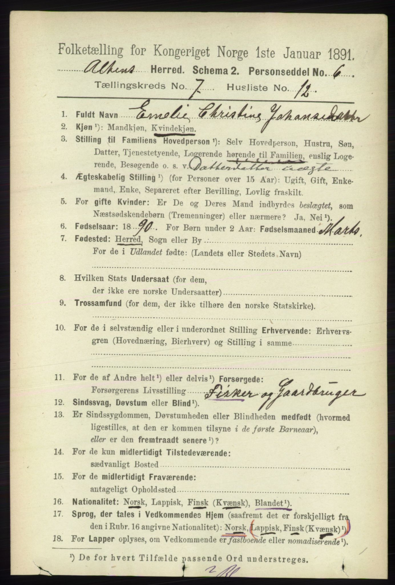 RA, 1891 census for 2012 Alta, 1891, p. 2172