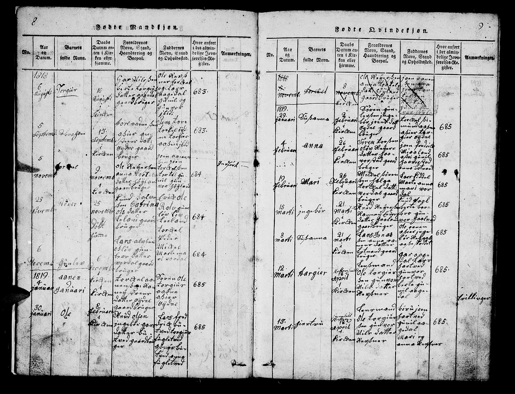 Bjelland sokneprestkontor, SAK/1111-0005/F/Fb/Fbc/L0001: Parish register (copy) no. B 1, 1815-1870, p. 8-9