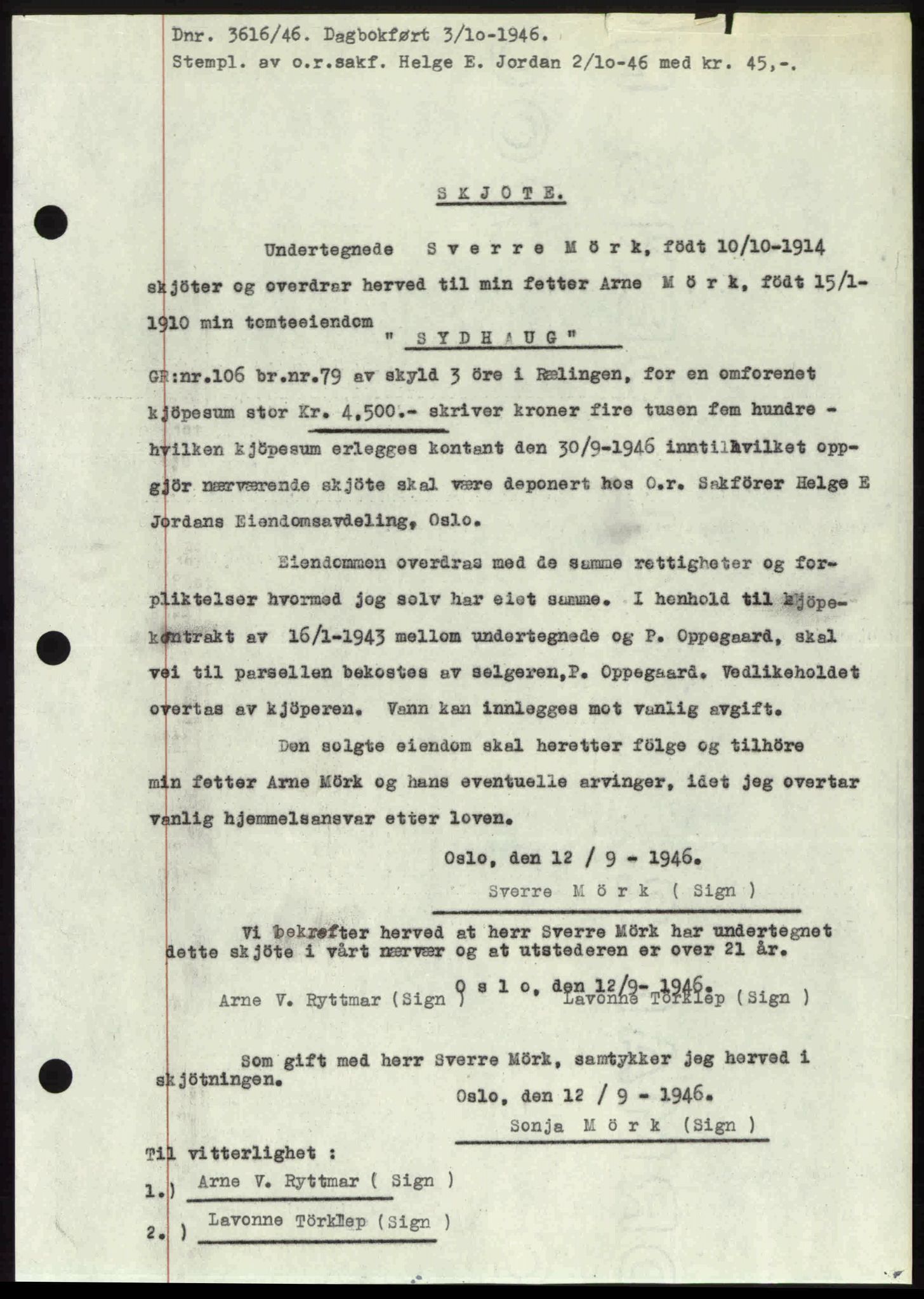 Nedre Romerike sorenskriveri, AV/SAO-A-10469/G/Gb/Gbd/L0017: Mortgage book no. 17, 1946-1946, Diary no: : 3616/1946