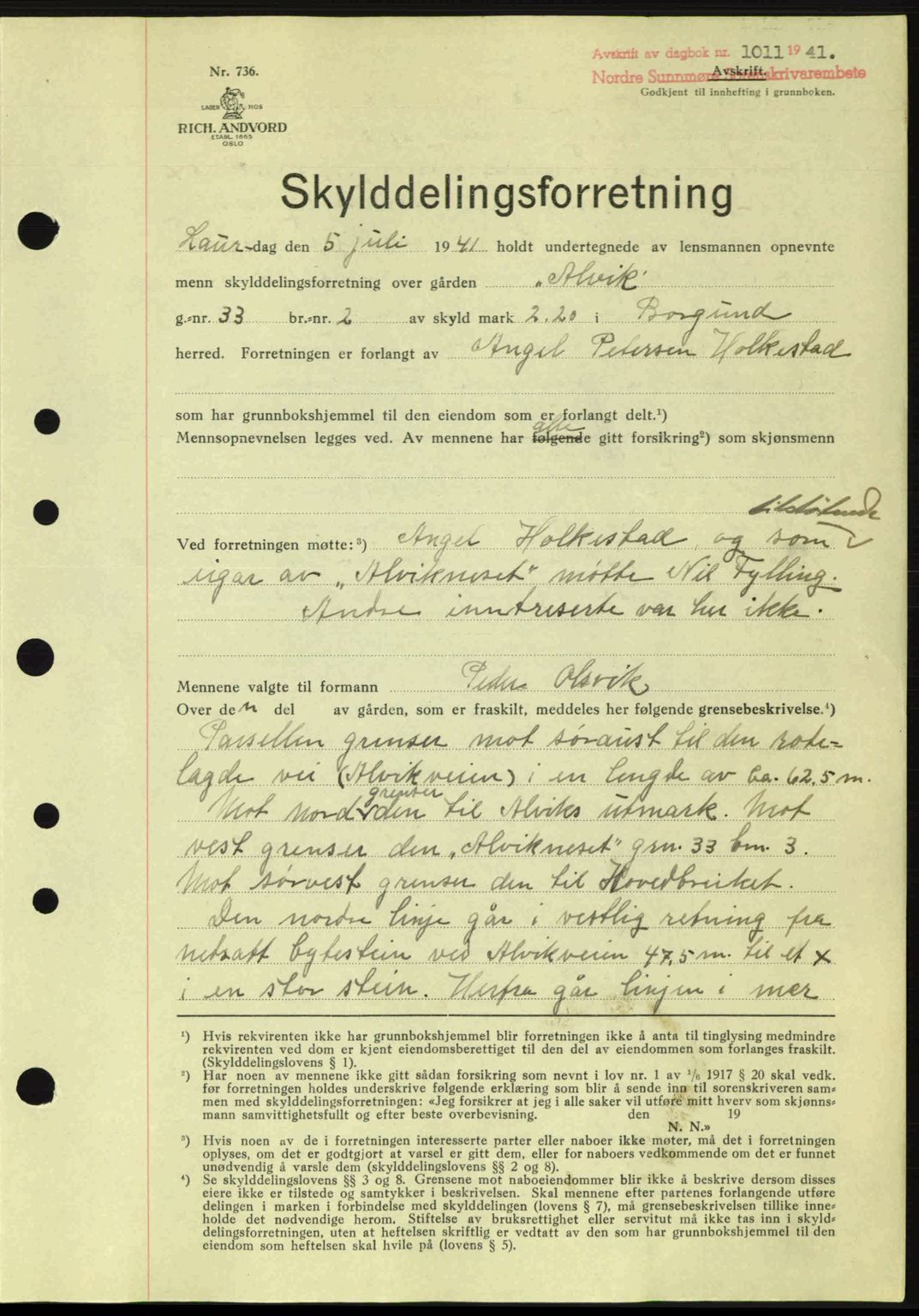 Nordre Sunnmøre sorenskriveri, AV/SAT-A-0006/1/2/2C/2Ca: Mortgage book no. A11, 1941-1941, Diary no: : 1011/1941