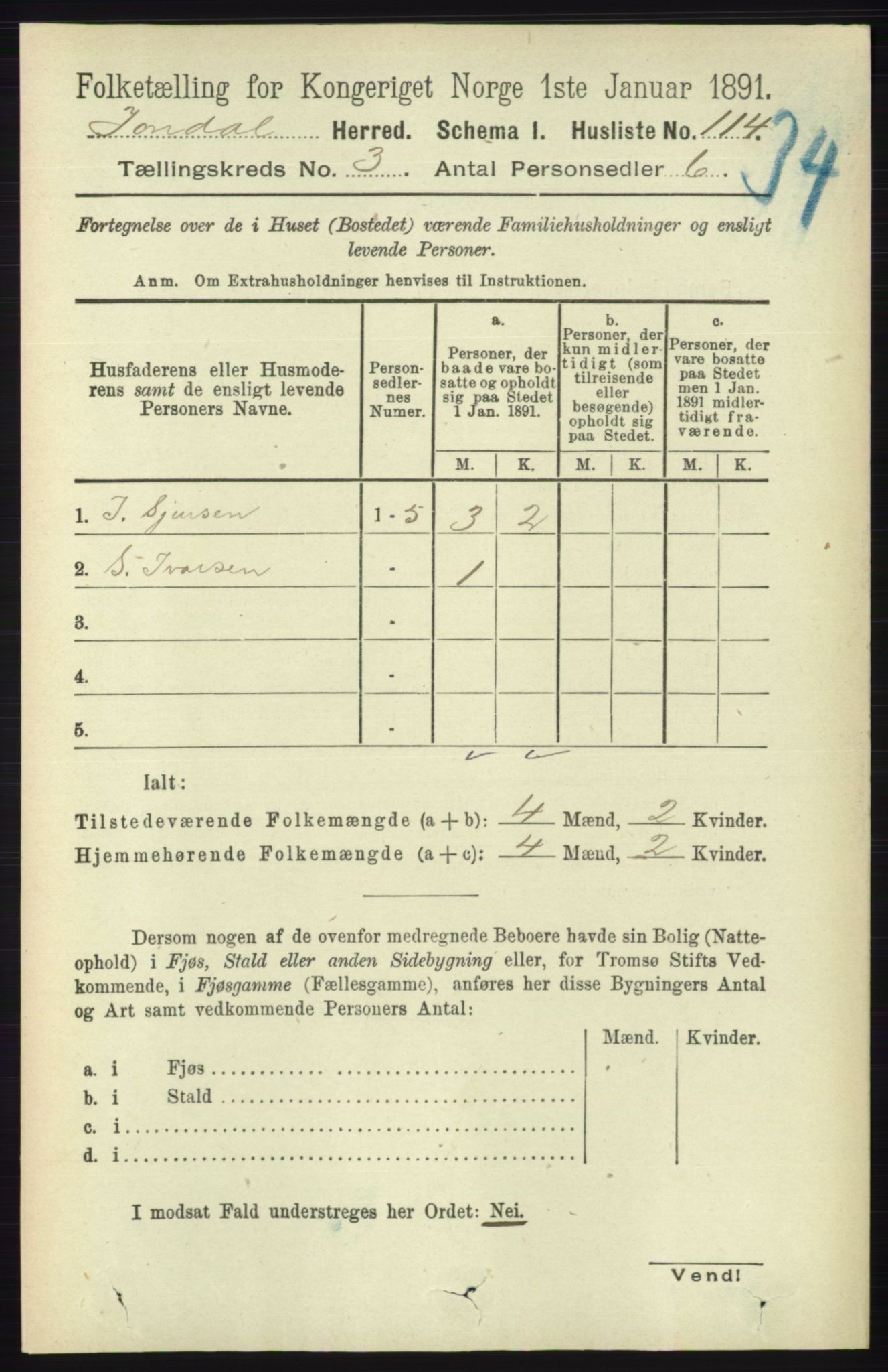 RA, 1891 census for 1227 Jondal, 1891, p. 1295