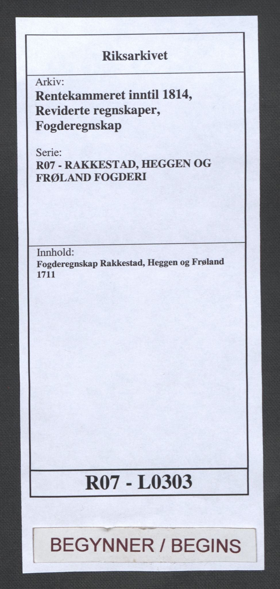 Rentekammeret inntil 1814, Reviderte regnskaper, Fogderegnskap, AV/RA-EA-4092/R07/L0303: Fogderegnskap Rakkestad, Heggen og Frøland, 1711, p. 1