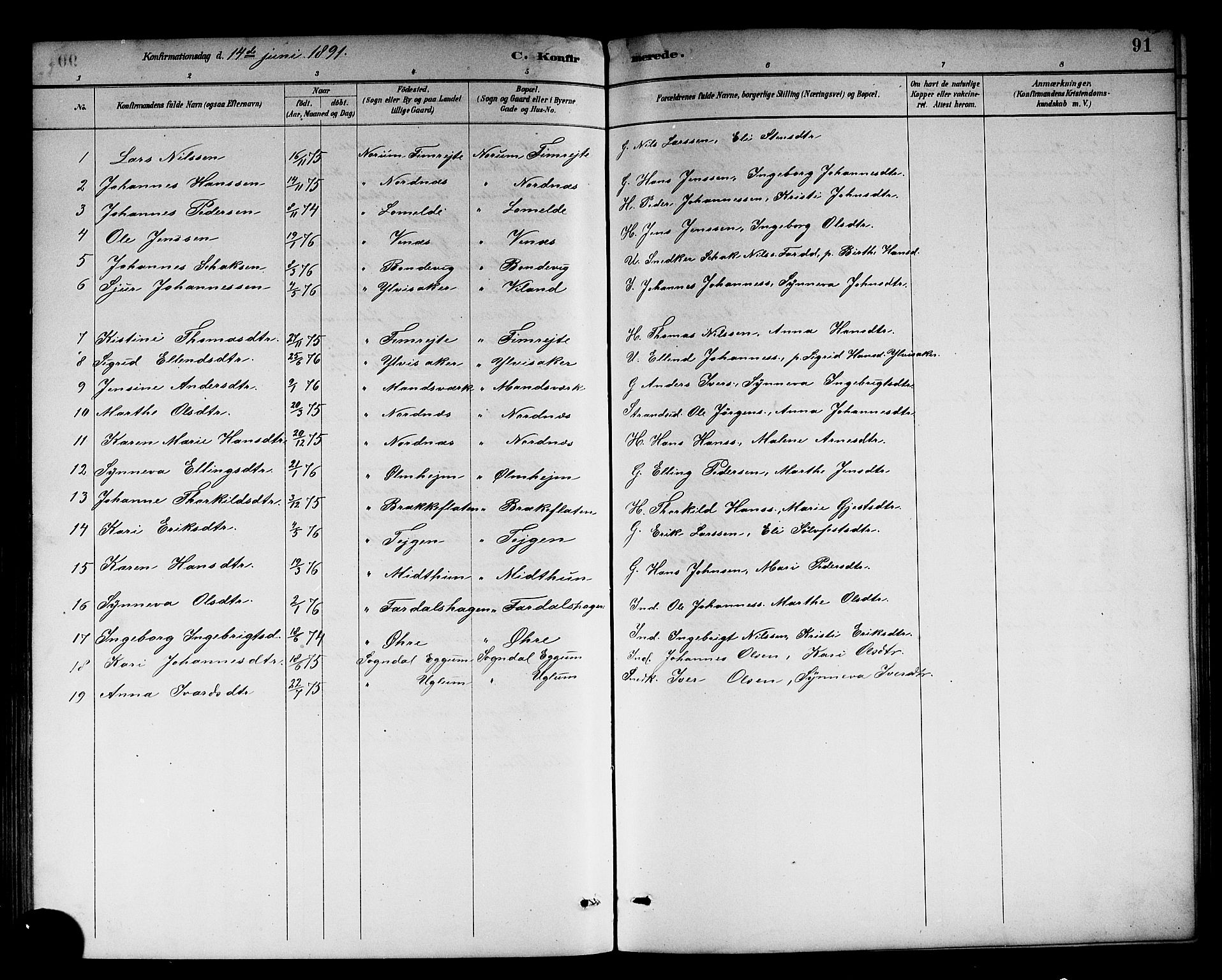 Sogndal sokneprestembete, SAB/A-81301/H/Hab/Habc/L0002: Parish register (copy) no. C 2, 1884-1910, p. 91